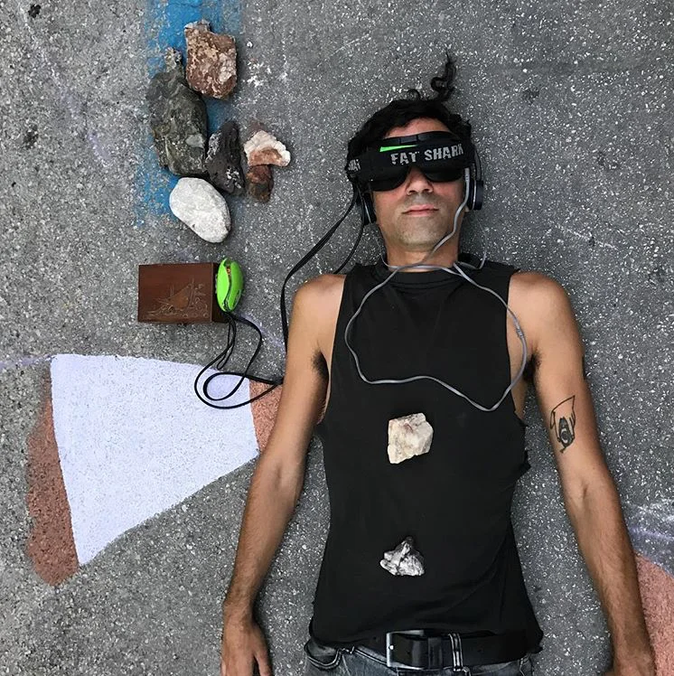 Participant experiencing the DIY VR installation and footage by Michael Candy and Belle Bassin For FSM Greece, Exit Gallery Athens, July 2017