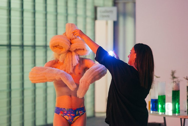 Lichen Kelp, pictured with Benjamin Hancock from a Kelp D performance for FSM Greece 17 outcomes, at Testing Grounds. Lichen is one half of Forum of Sensory Motion with Dylan Martorell and devised and curated the Cuttlefish trip in 2018 with 11 artists. Kelp is partnering with Liquid Architecture to hold the 2019 edition and performative outcomes at Mission to Seafarers this September. http://lichenkelp.com/fsm-giant-cuttlefish-trip/