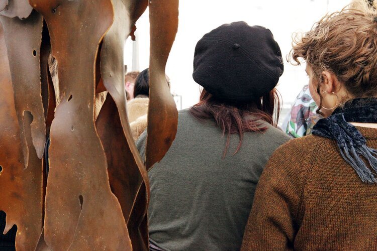 SASi Jaffle Symposium at Testing Grounds, Melbourne. For this event we foraged Giant Kelp from Apollo Bay to create draped seaweed walls for an outdoor room with a central fireplace where we cooked ocean bread jaffles with nori, cheese and native warrigal greens. Image by Marina Lamari