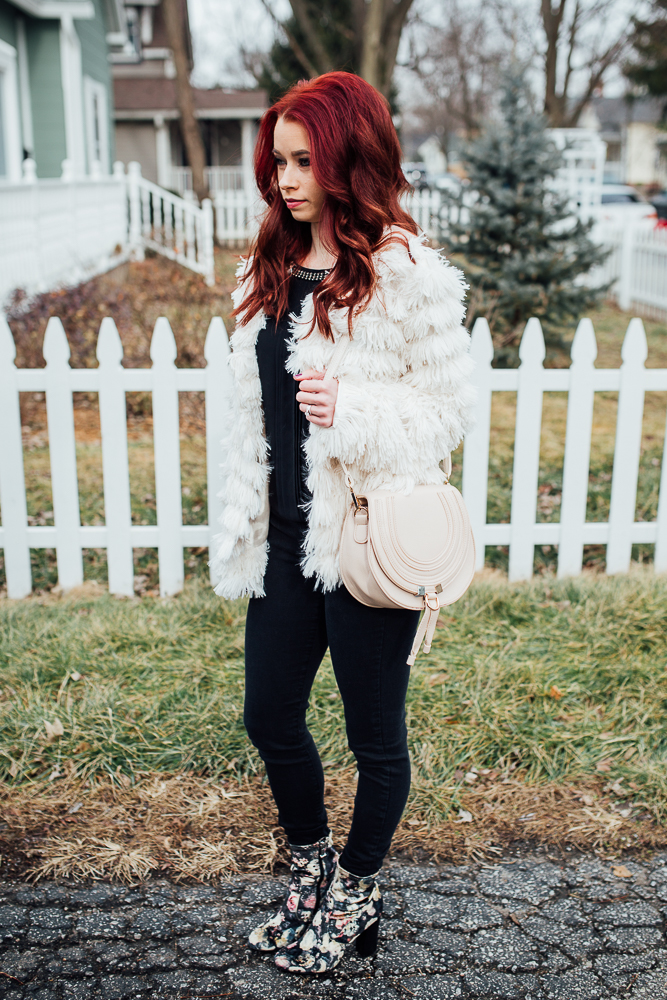 Faux Fur Jacket, Red Dress Boutique || Black Denim, RaeLynn's Boutique || Black Embellished Tank, Express || Velvet Floral Booties, Report || Photography, Casey Ardizzone
