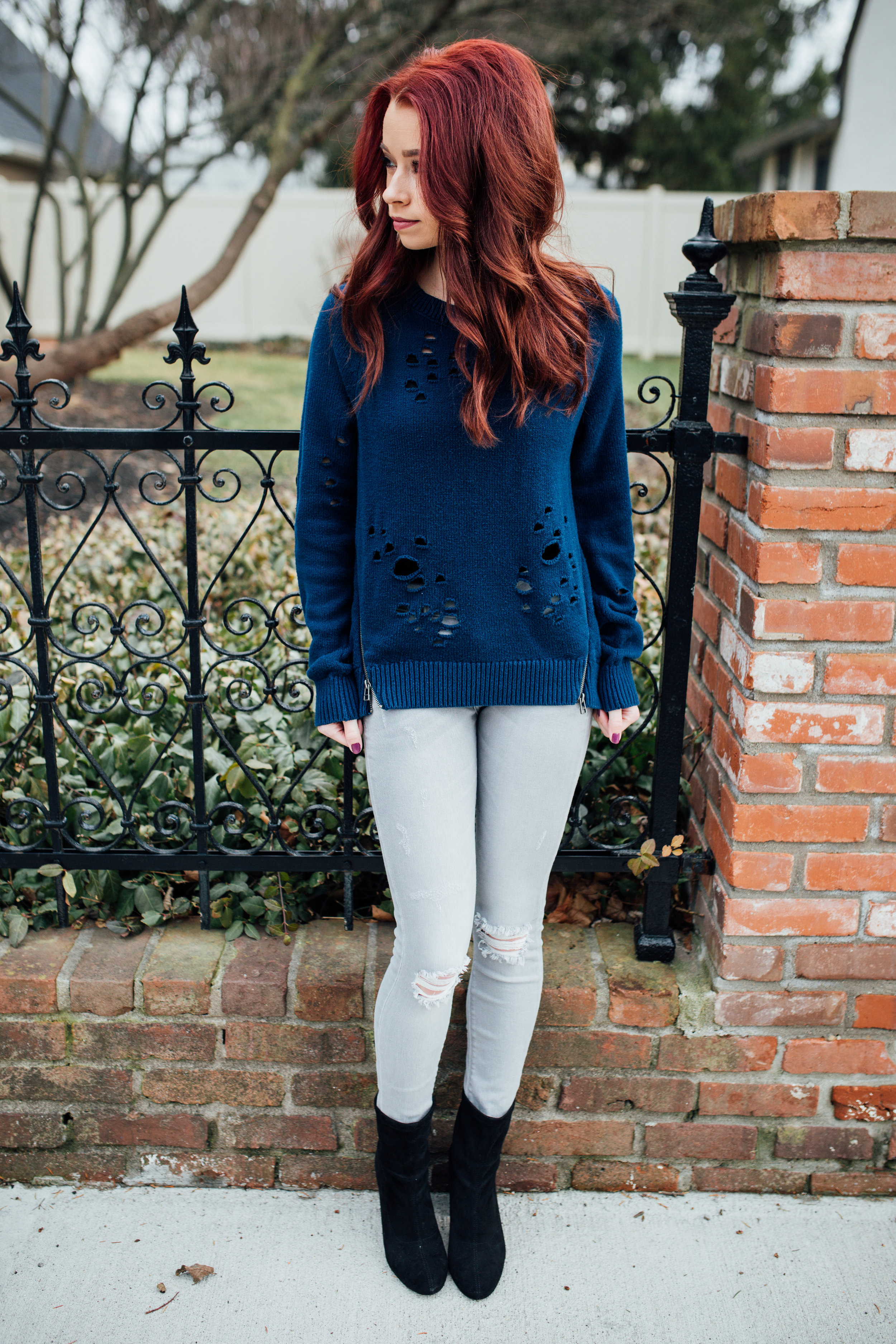 Distressed Sweater, Express || Grey Jeans, Express || Black Booties, Nordstrom || Mulled Wine Bag, Kate Spade || Photography, Casey Ardizzone 