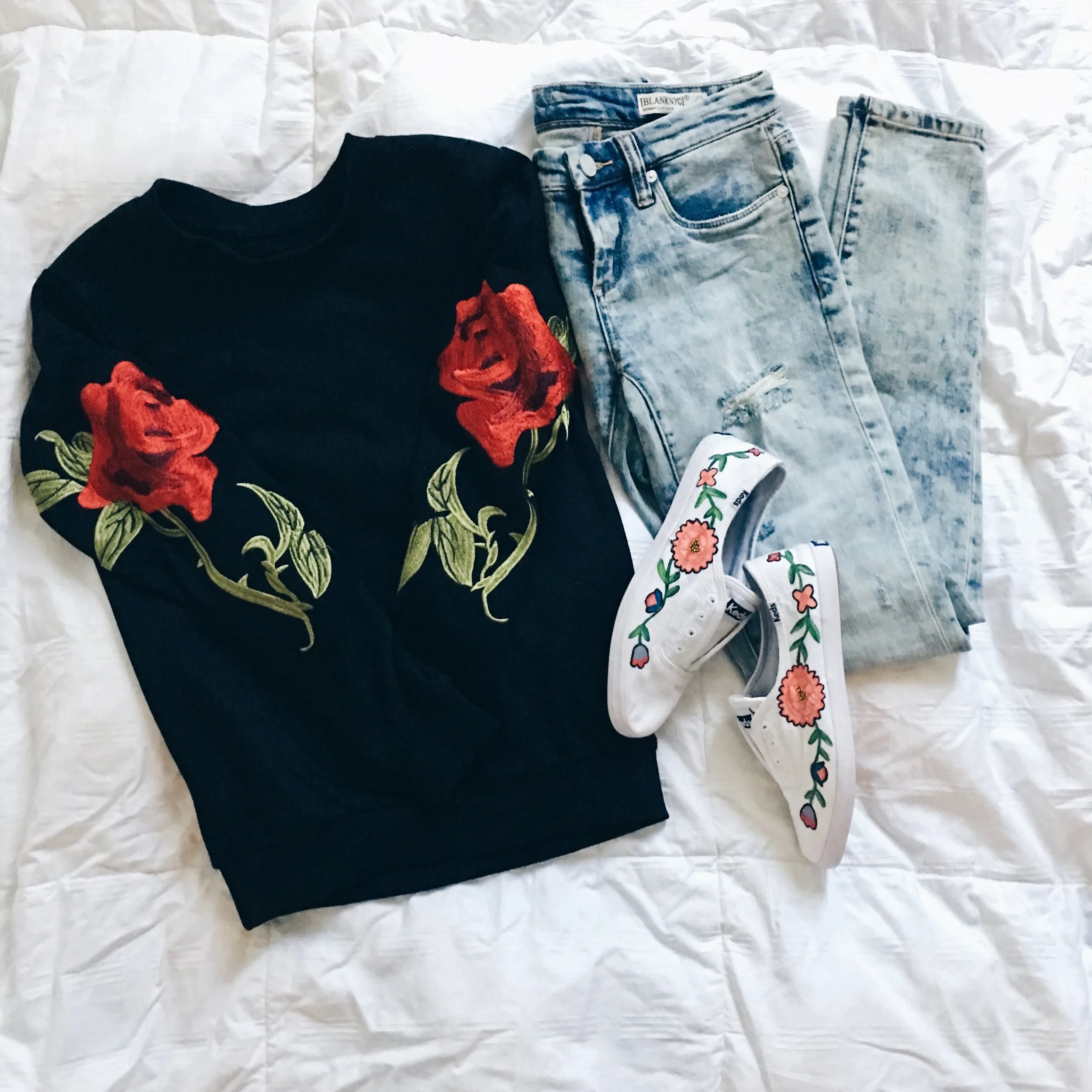 Embroidered Sweatshirt, She In || Distressed Denim, BLANKNYC at Nordstrom || Hand painted Keds (inspired by Gucci), CFloPaint on Etsy 
