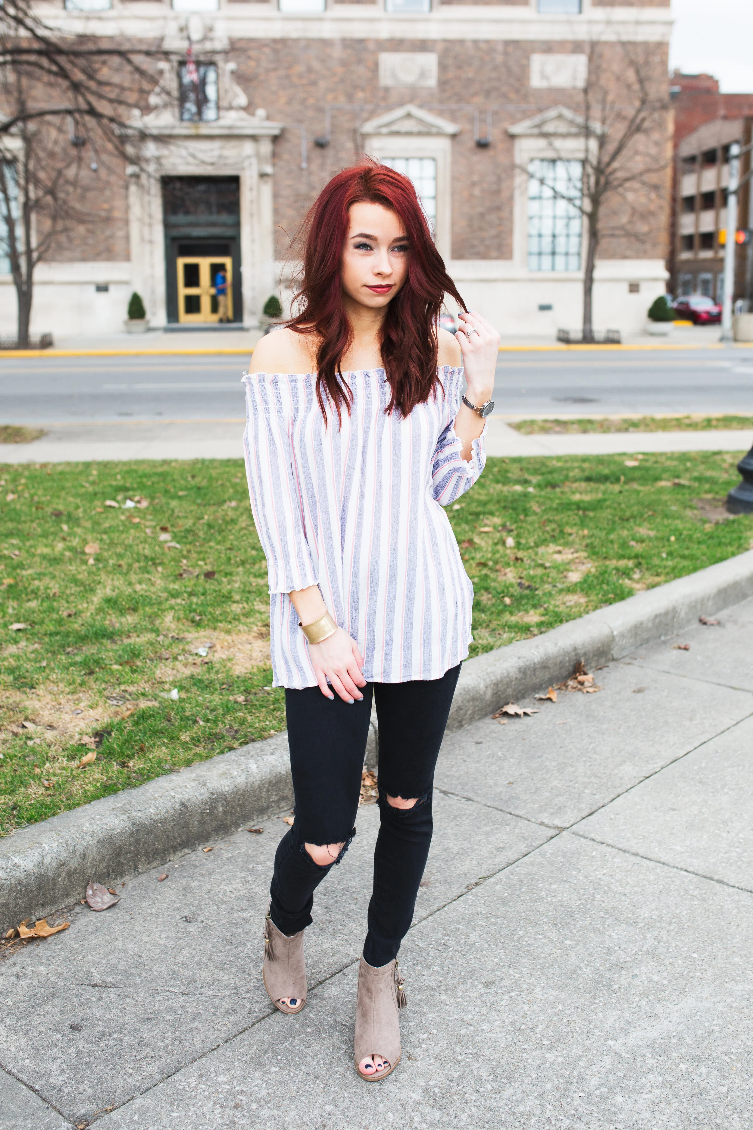 Striped Top, The Mason Jar Boutique || Distress Black Denim, Nordstrom || Peep Toe Booties, The Mason Jar Boutique || Gold Cuff Bracelet, The Mason Jar Boutique || Photography, Casey Ardizzone