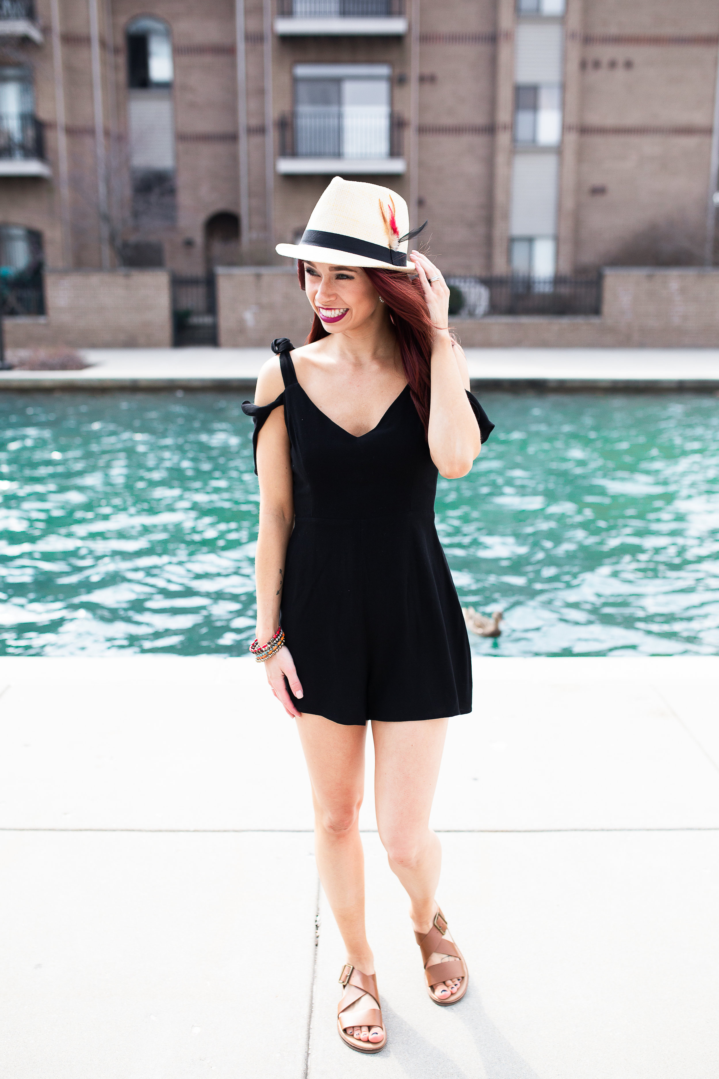 Black Romper, RaeLynn's Boutique || Franco Sarto Sandals, DSW || Multi Colored Bracelet, Francesca's || Fedora, Target || Photography, Casey Ardizzone