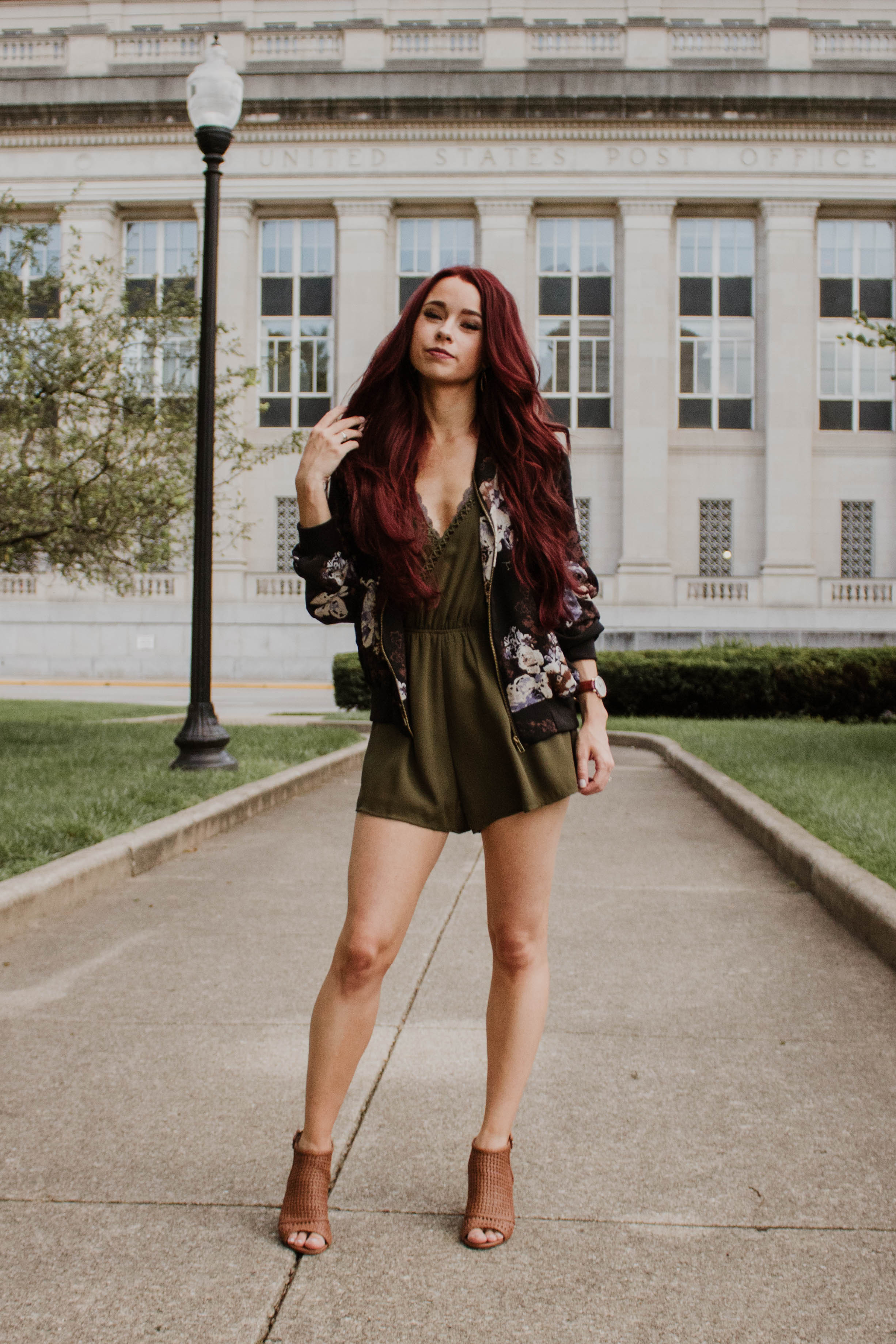 Olive Romper, TOBI || Floral Bomber, RaeLynn's Boutique || Bralette, RaeLynn's Boutique || Peep Toe Booties, Sam Edelman (similar linked here ) || Watch, Welly Merck