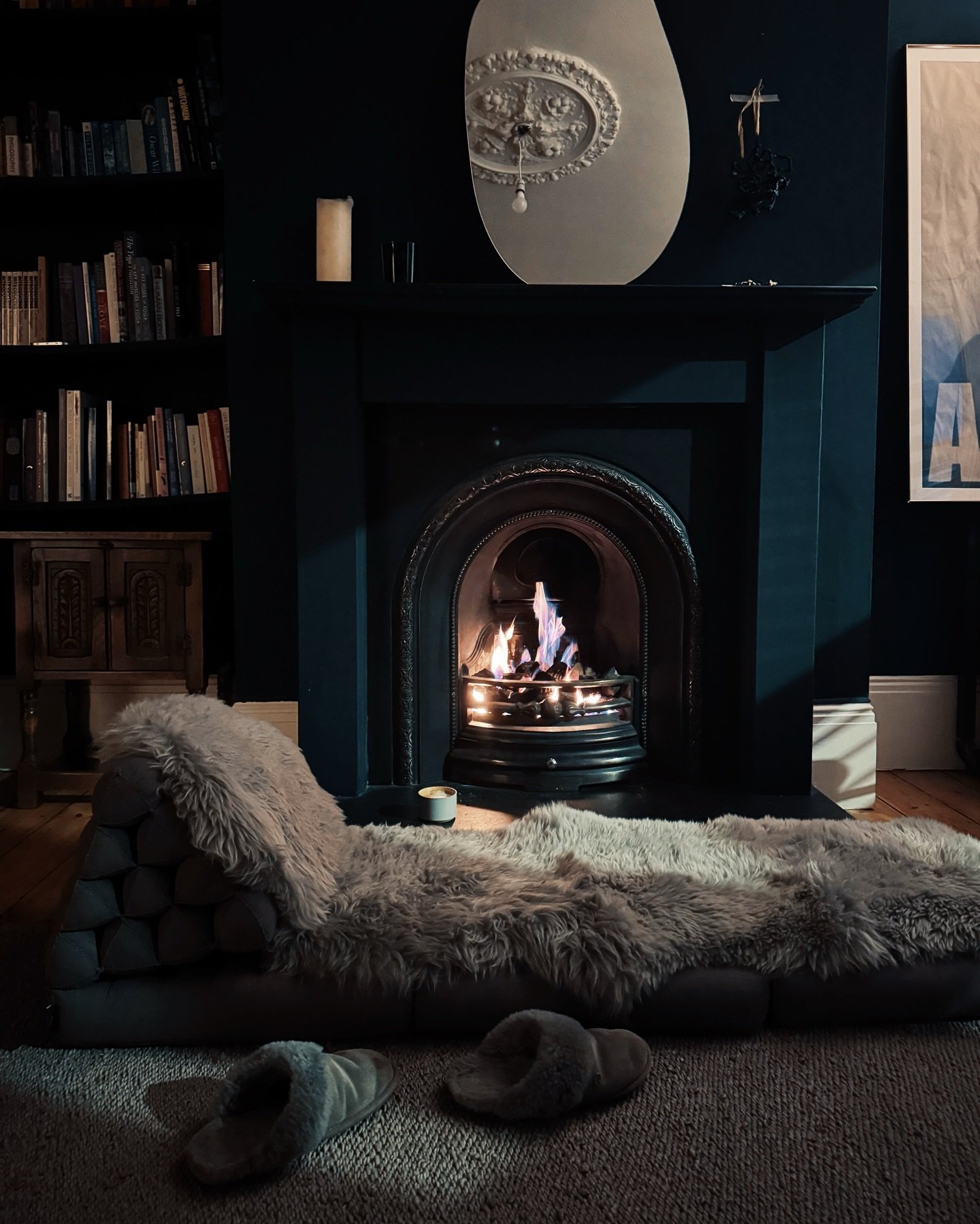 .
One of my three
N O N - N E G O T I A B L E S
of any given day is a morning sit in silence.
Could be formal meditation, knitting, reading or in this case, a coffee by the fire. 
.
The other two? A walk in nature and some form of movement. I&rsquo;v