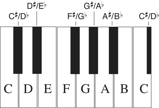 A Chart of the notes on the piano keyboard. Note that the black keys come in either sets of two or sets of three, which should be your primary landmarks.