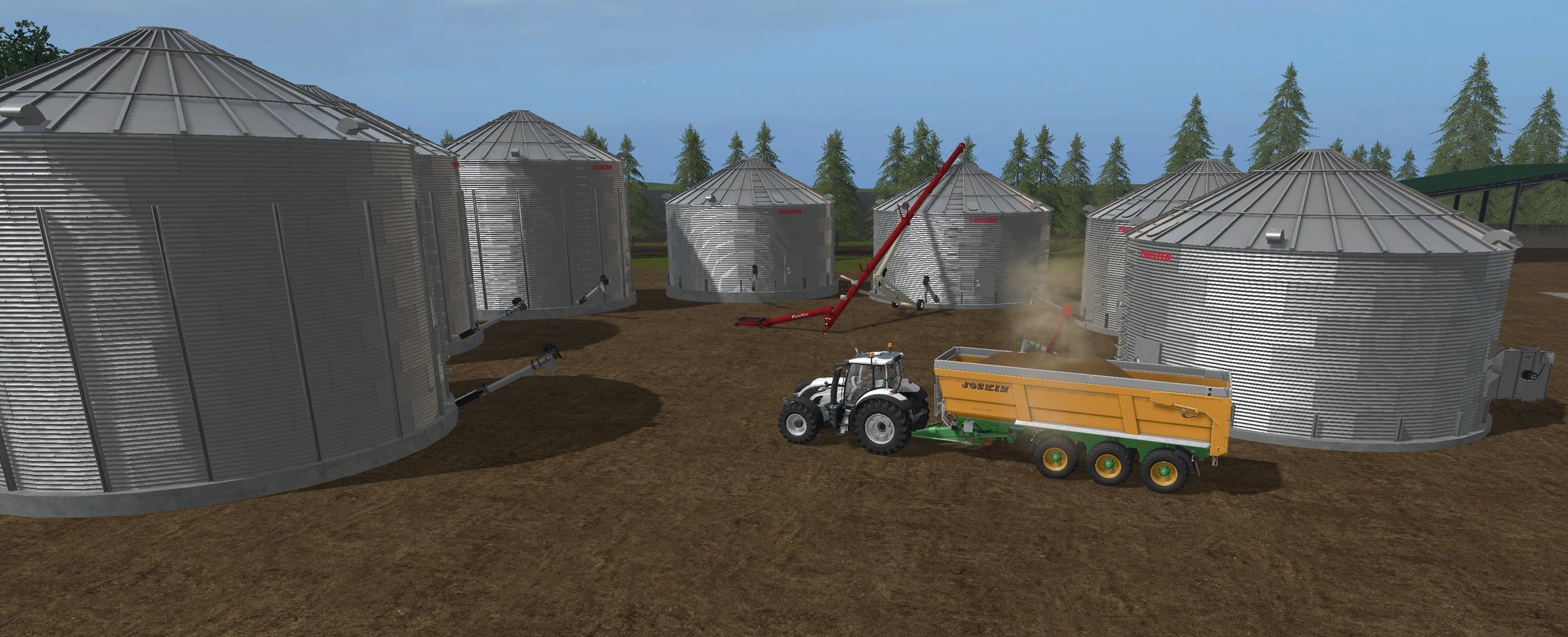 The Twister grain bins and Farm King augers speak to the Mid-West America look I'm going for. The taller auger in the background is tied to the input trigger for the farm silo system, while the smaller auger loading the tipper is tied to the output trigger. Both augers are static models and cannot be moved between bins but as all of the bins feed one common farm silo system that wont be an issue. 