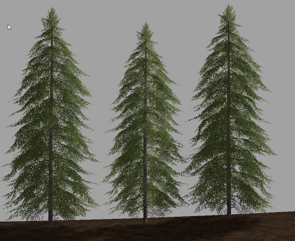 The same three stage 4 spruce, one at default size, one at 0.95x and one at 1.05x