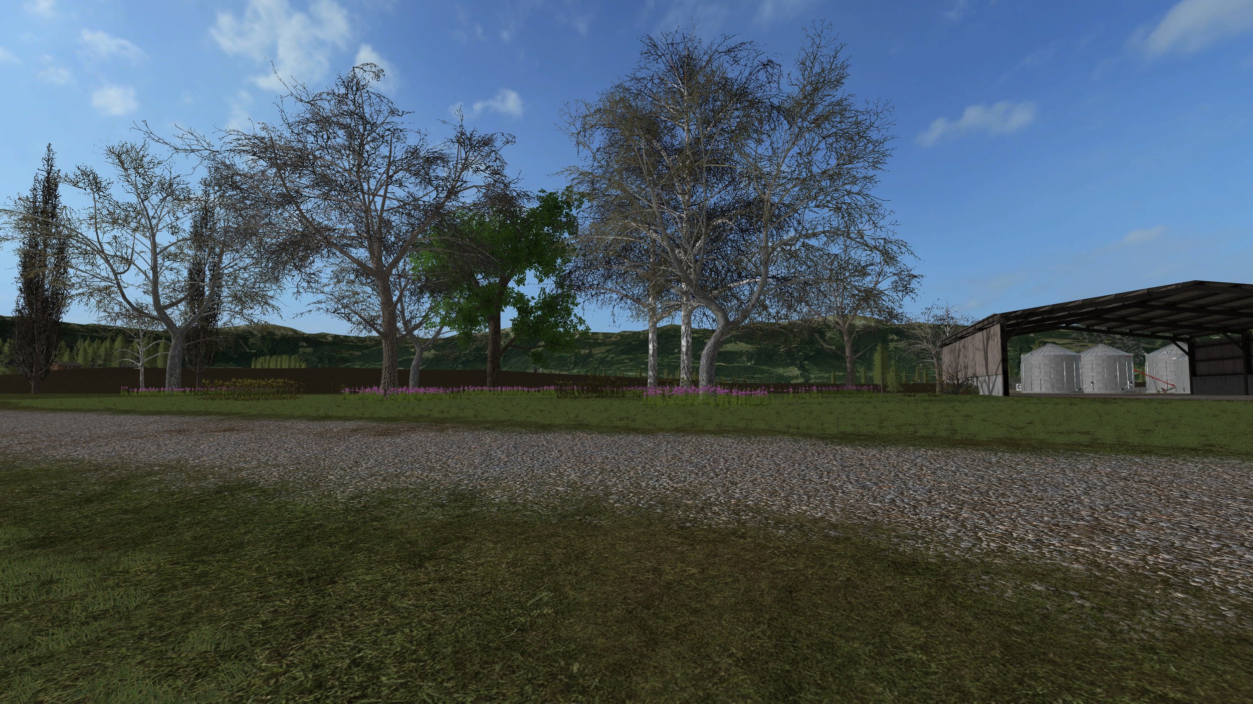 Birch, maple, and oak have all been replaced with their FS17 counterpart and are now seasons compatible. The sole hold out in the center is an elm for which unfortunately I have been unable to find a FS17 version.
