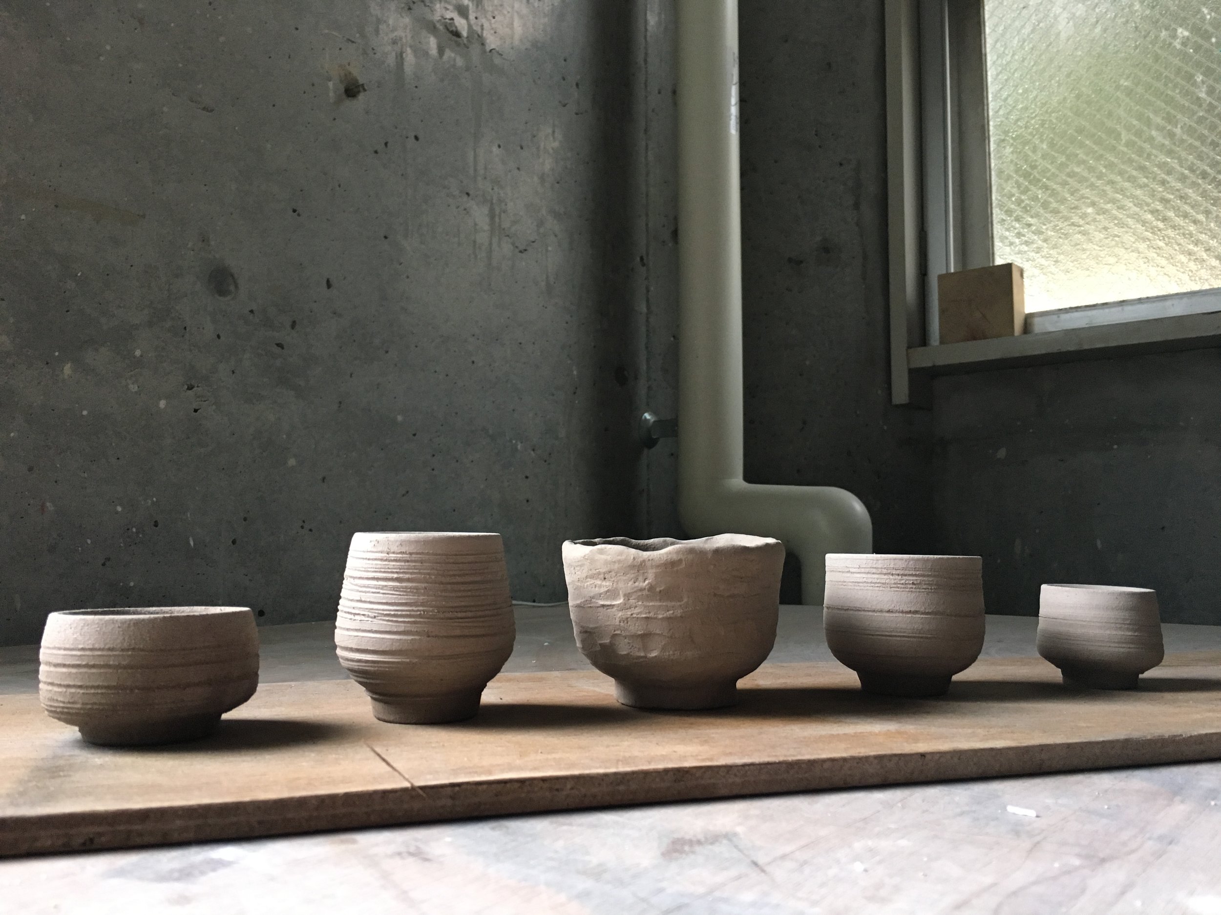 Tea bowls - including a vessel (centre) based on the lesson we had with the Tea Master.