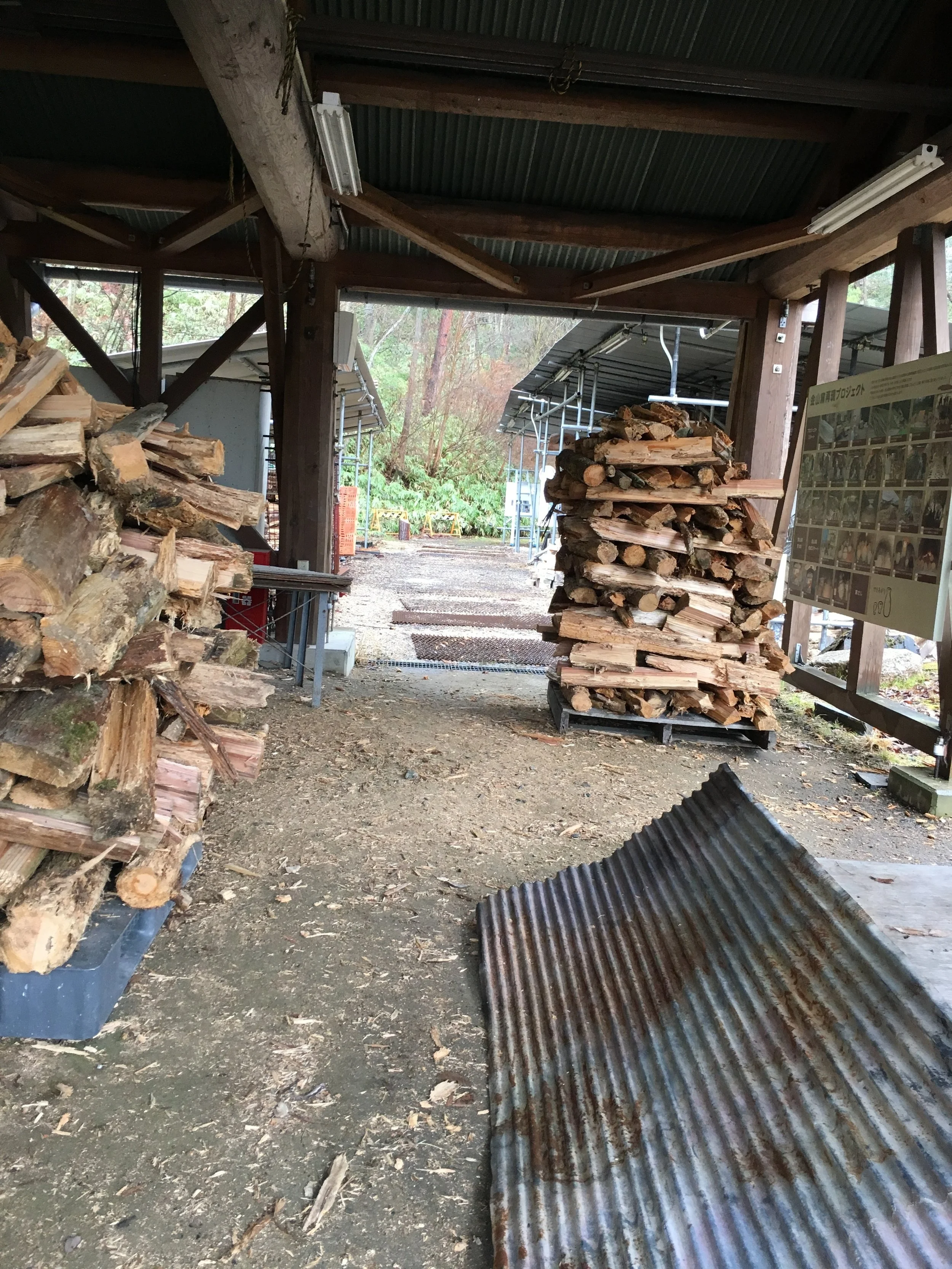 Wood kilns - I got some fresh air in the rain - the scent of cold, damp pine wood fills this space. Someone had fun stacking the wood pile!