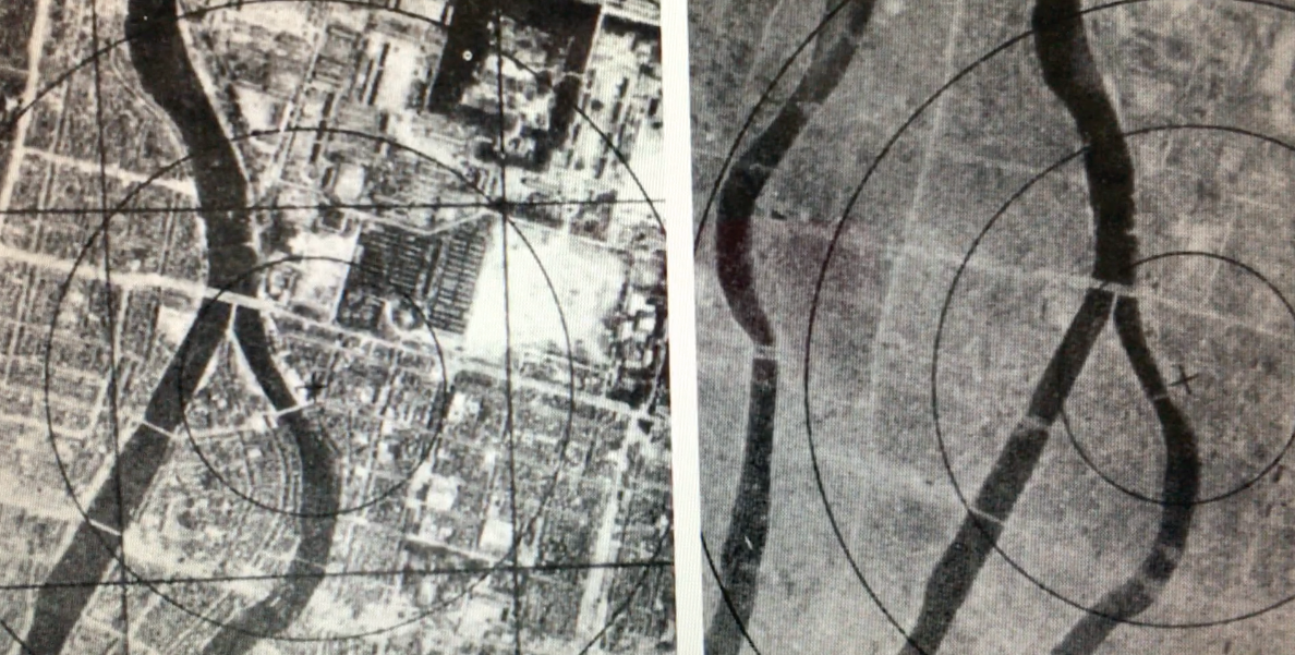 Recurring motifs - Hiroshima, before and after. (Photo US National Archives).