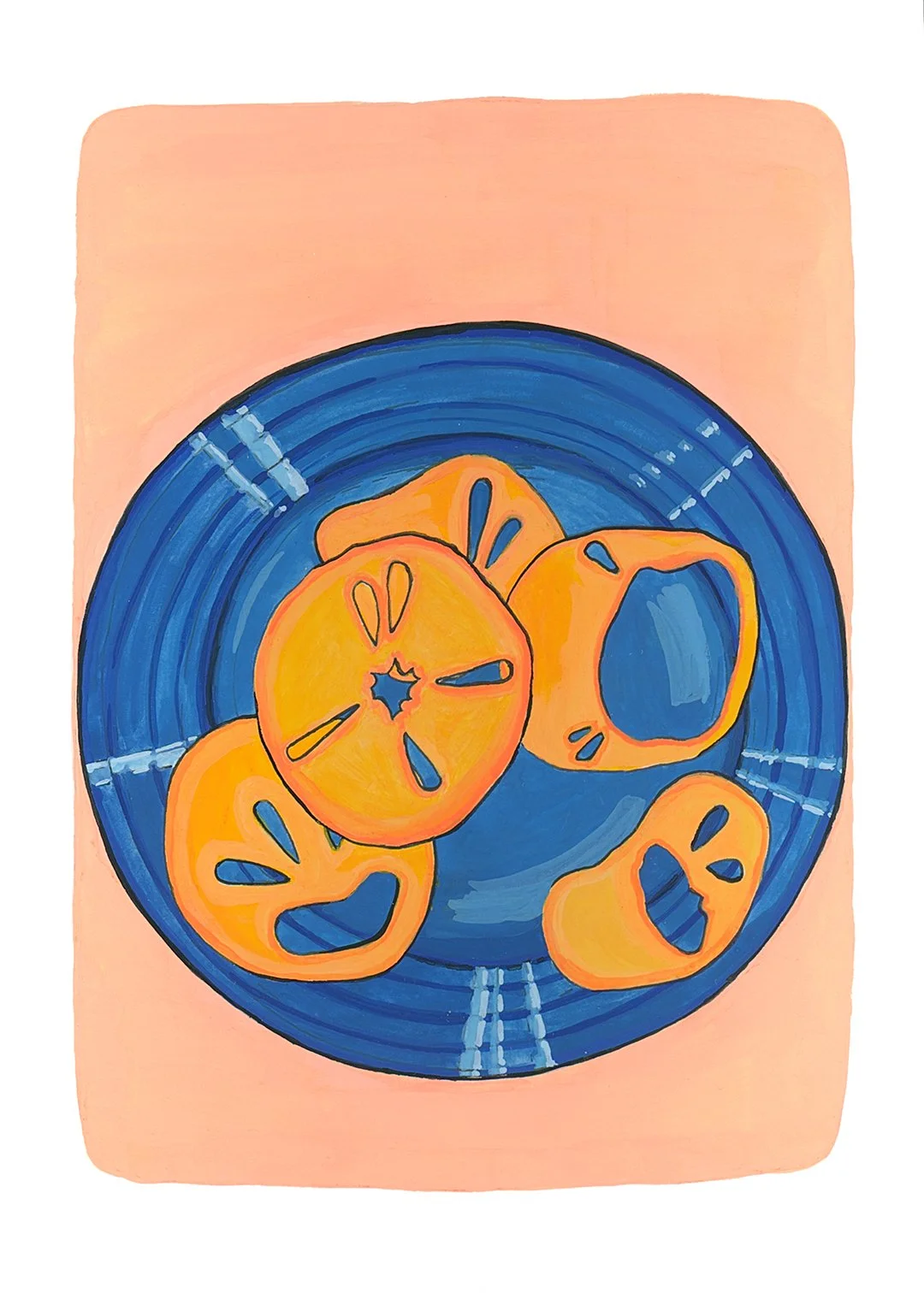 Slimy persimmon on the blue plate. Gouache on paper. 
