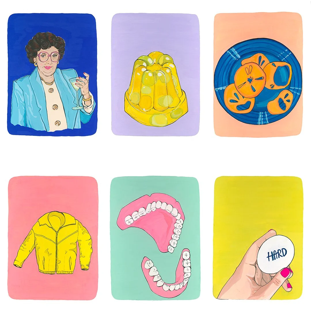 Aunt Helen with a martini, "mallow mold", Papa's signature dessert when I was a kid: slimy persimmon on the blue glass plate, Grandpa Milton's yellow coat, Grandma's dentures, a labeled hard boiled egg found in the fridge. Gouache.