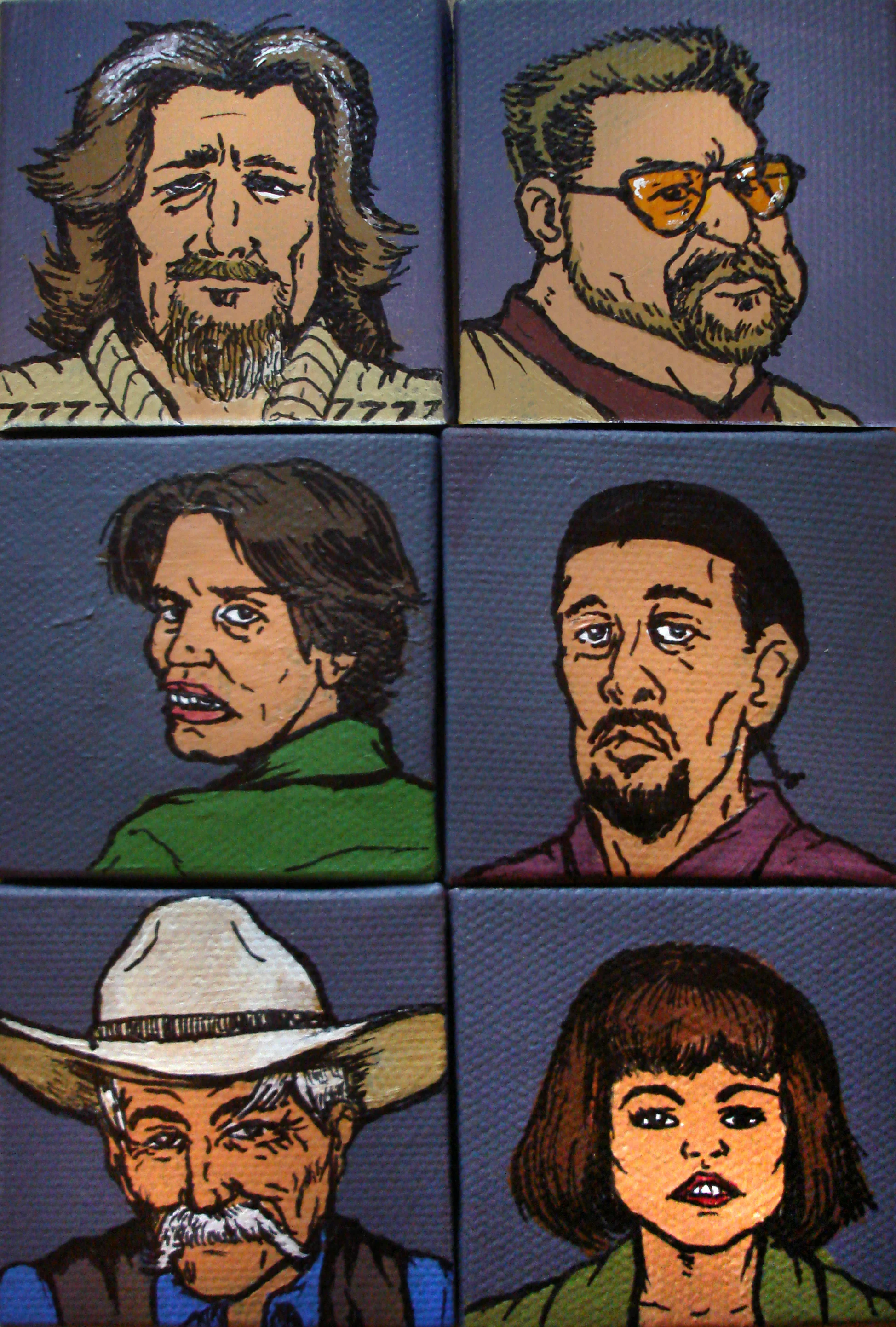 The Big Lebowski one-of-a-kind set of 2" x 2" miniature acrylic paintings.