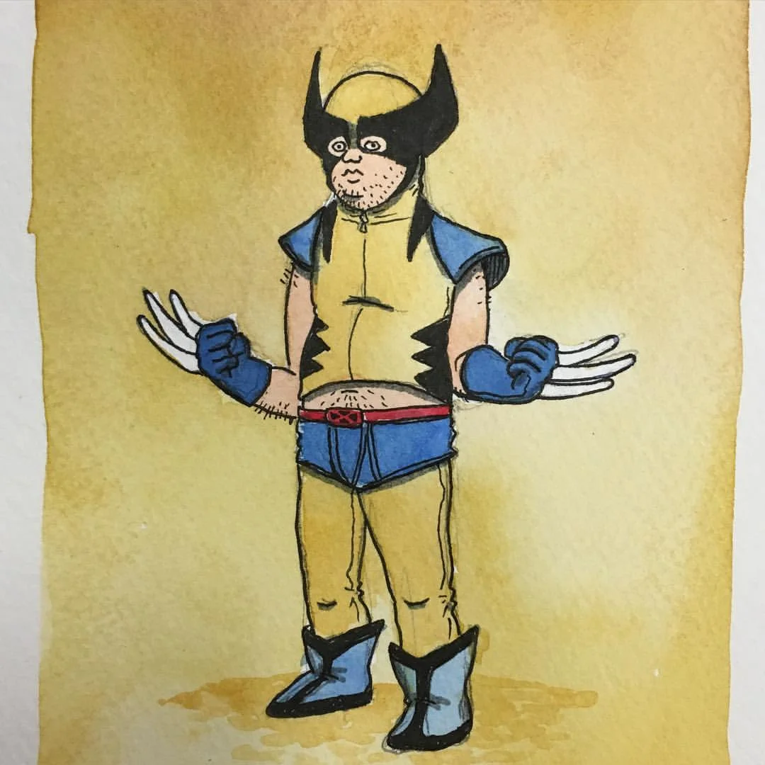 Wolverine from the Ugly Superheroes series. 5" x 7" watercolor painting made exclusively for Bakersfield Comic Con.