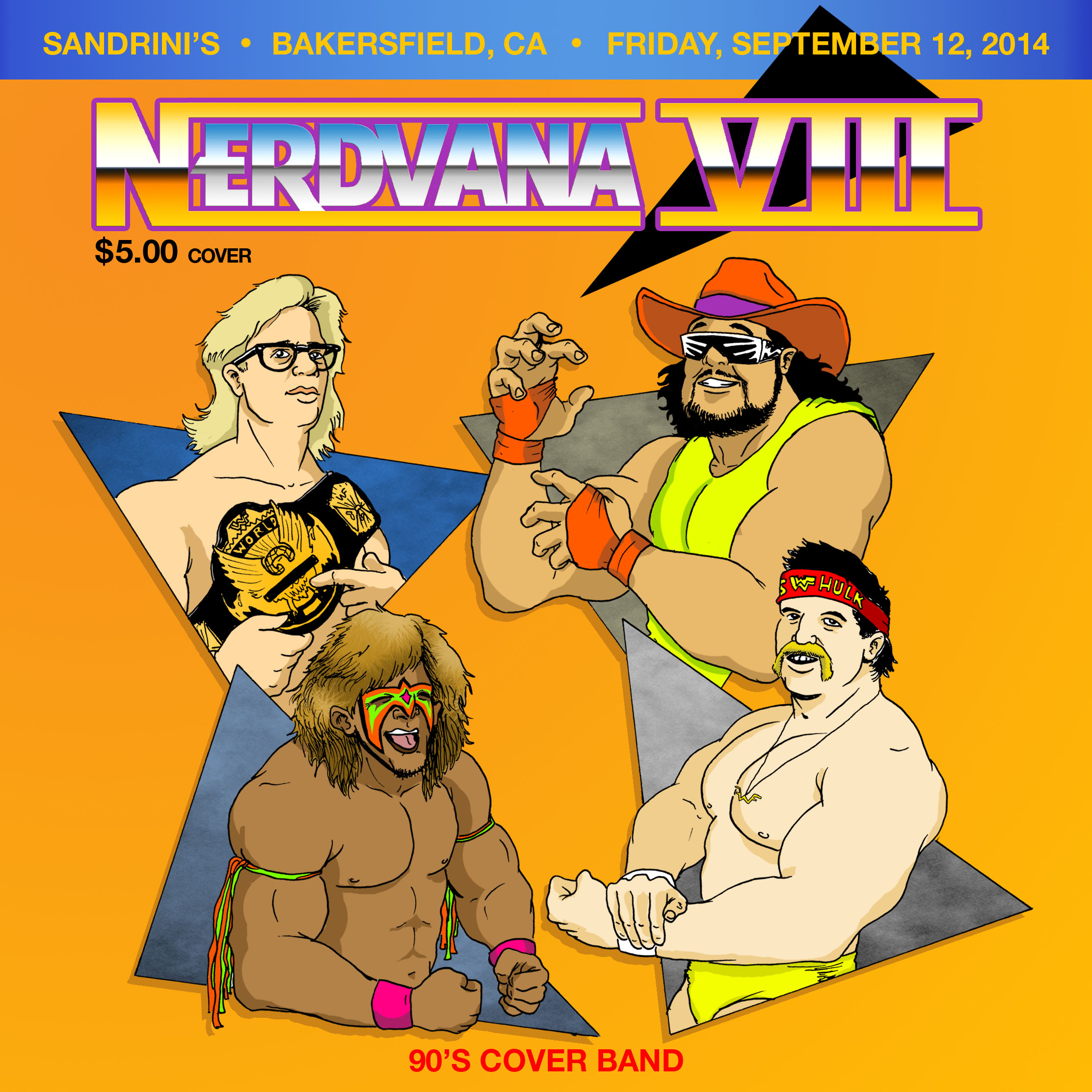 Promotional art for Nerdvana, a 90s cover band from Bakersfield, CA.