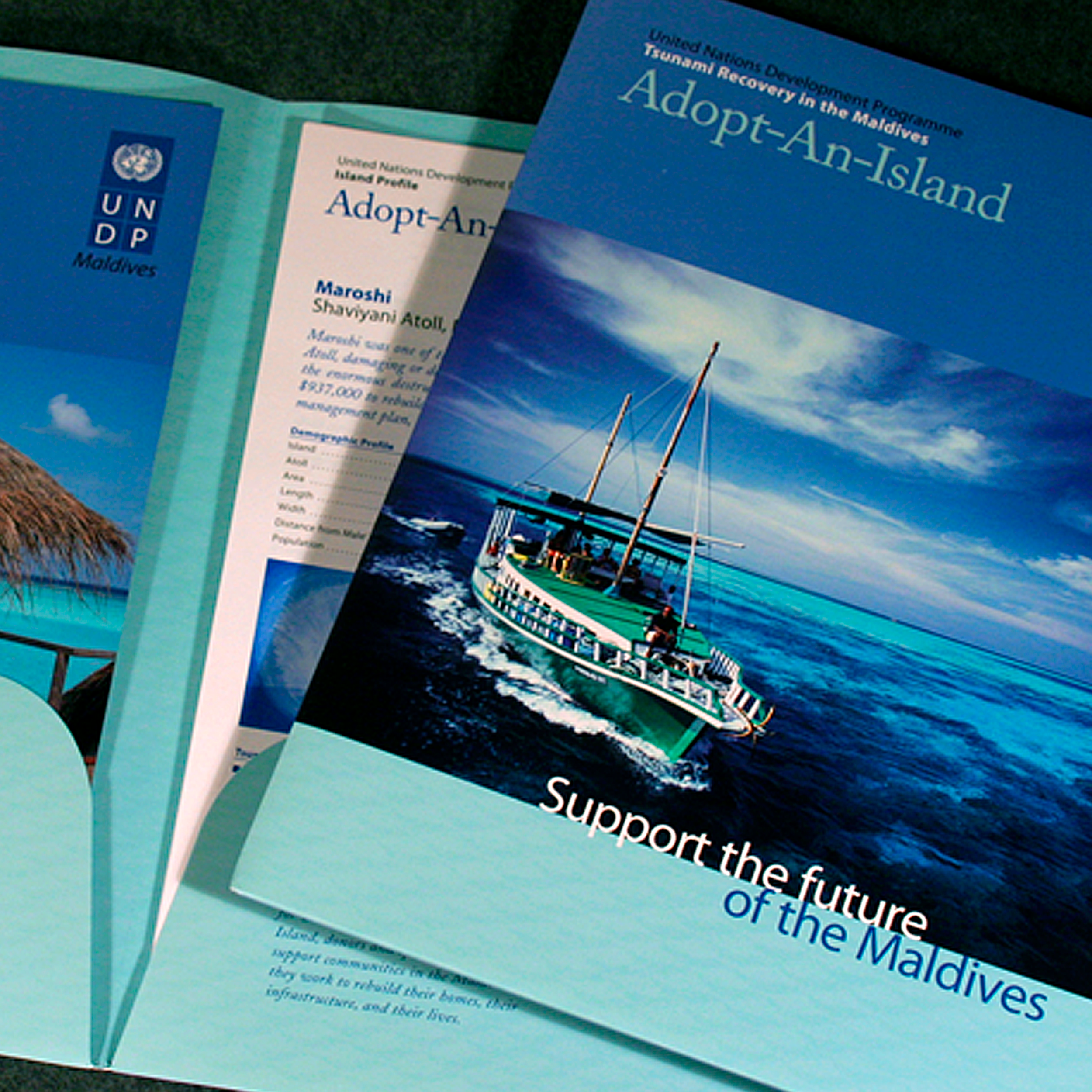 United Nations Development Program An informative and fundraising package for Adopt-An-Island, a campaign created to assist in the recovery of the 1,000-island nation of the Maldives after the 2004 Tsunami.