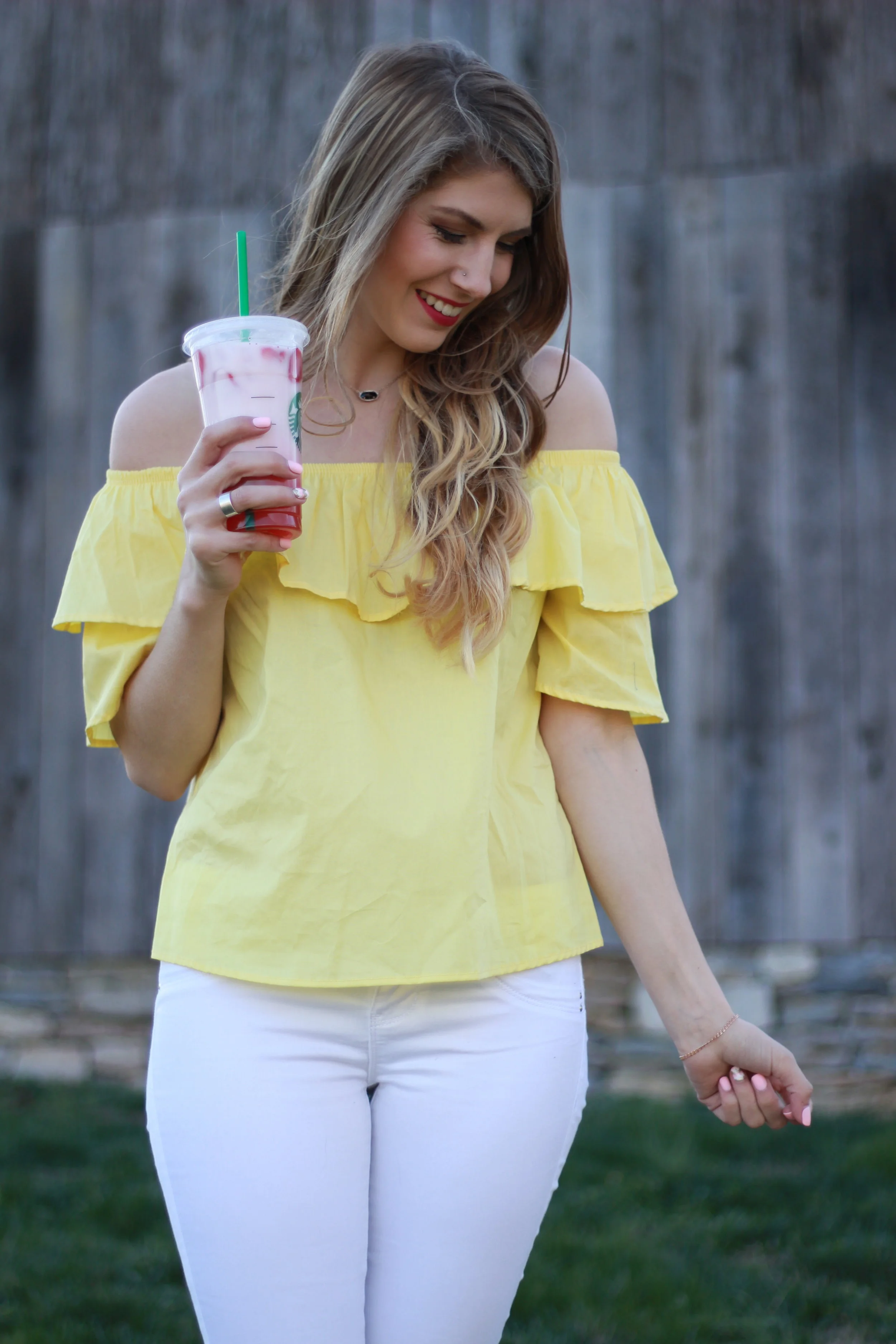 white jeans yellow top