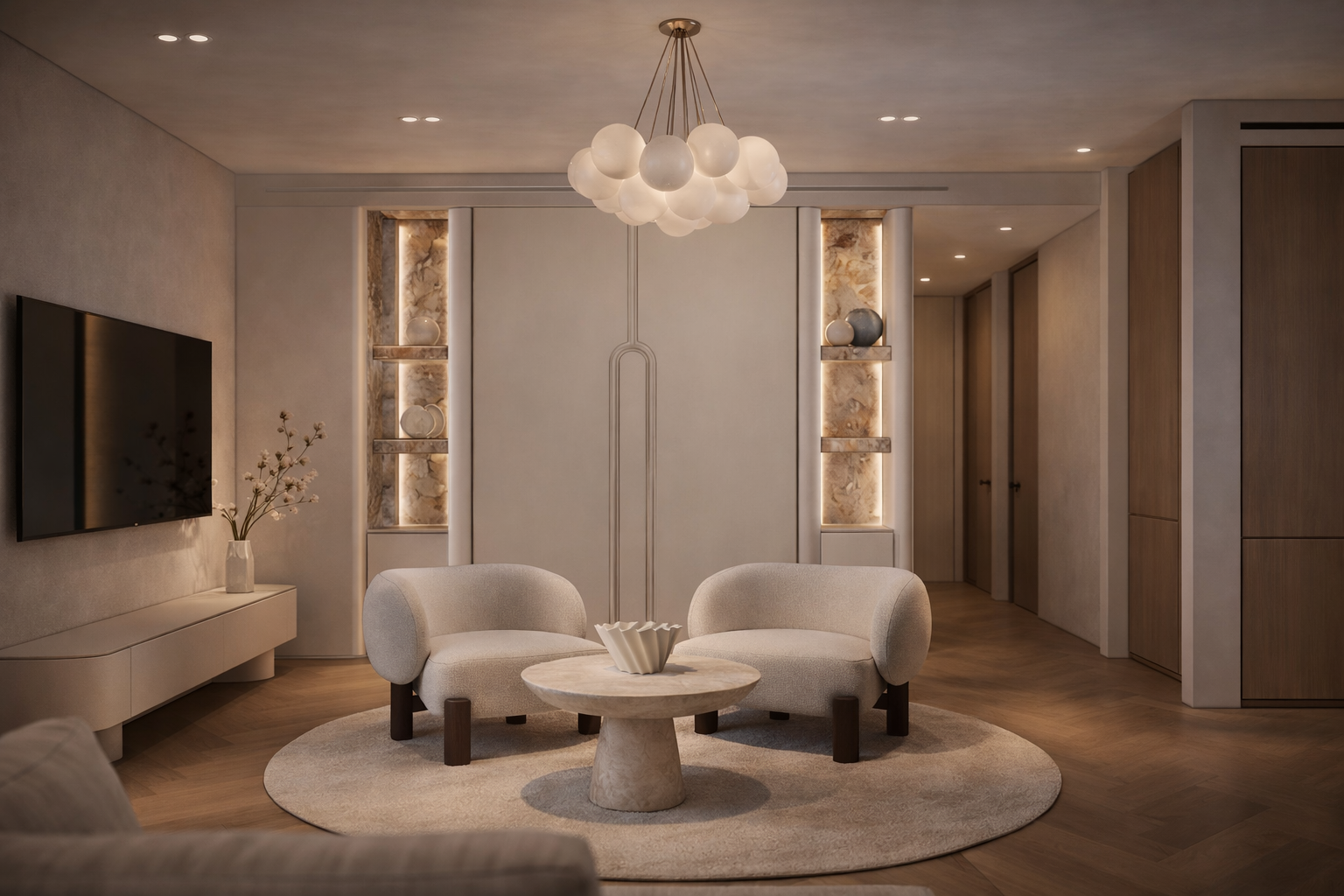 Designer living concept with sculptural lighting and premium finish selections.