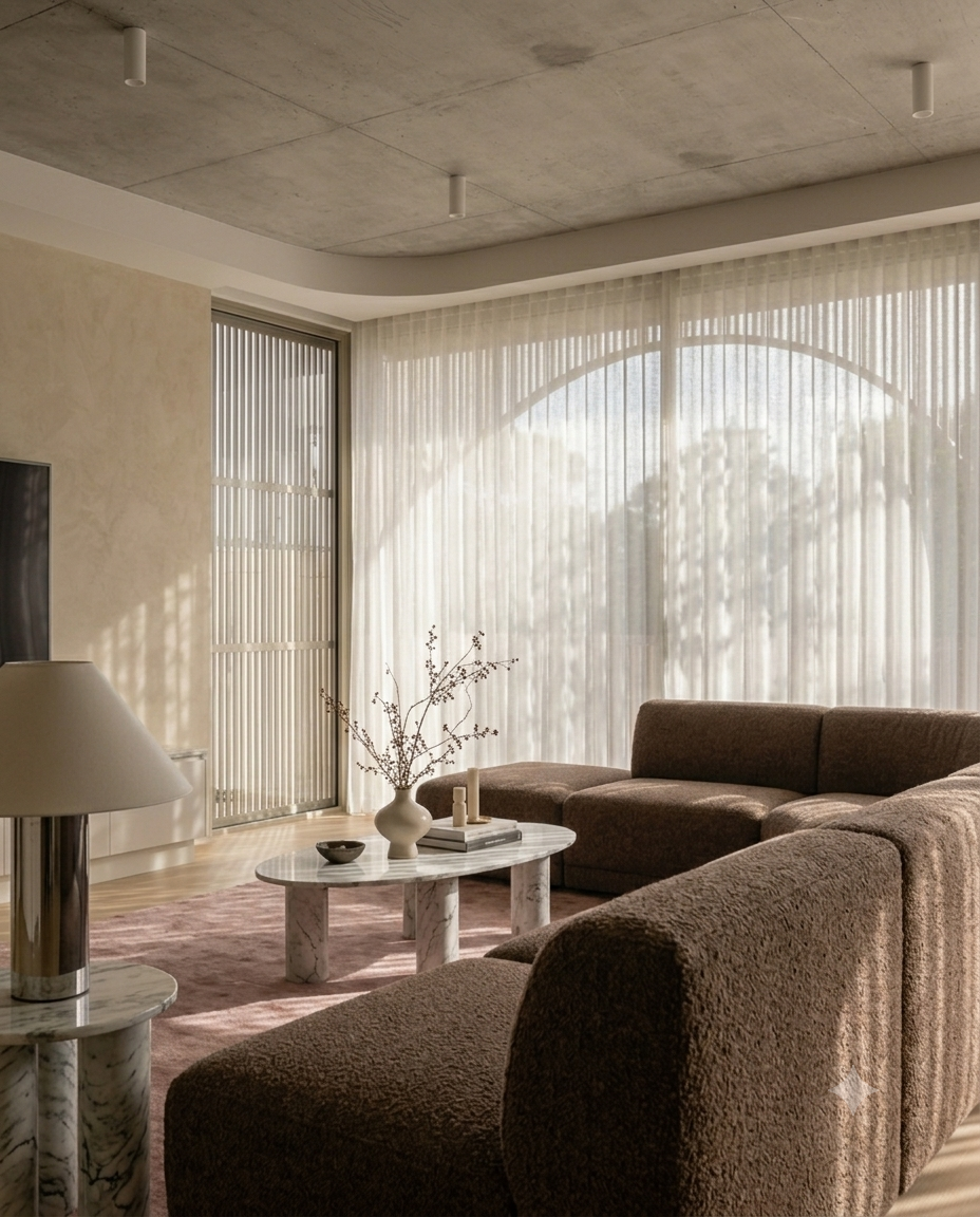 Living room with a brown sectional sofa, marble coffee table, floor lamp, and large window with sheer curtains letting in sunlight.