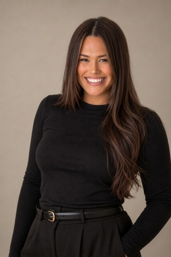 Professional headshot portrait of a smiling woman with highlighted brown hair, dark clothing, and warm studio lighting against a soft beige backdrop.