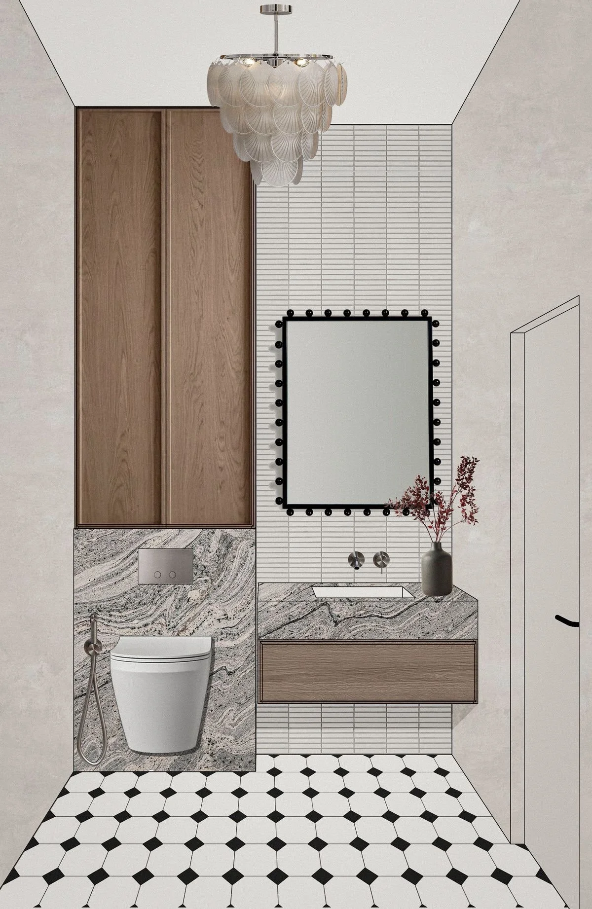 Designer bathroom concept with sculptural lighting and premium finish selections.