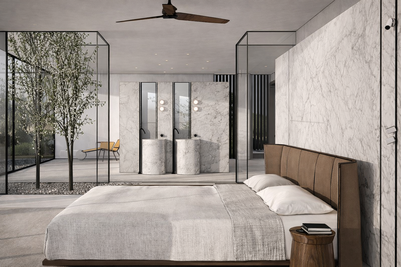Sophisticated bedroom styled with warm minimalist design direction