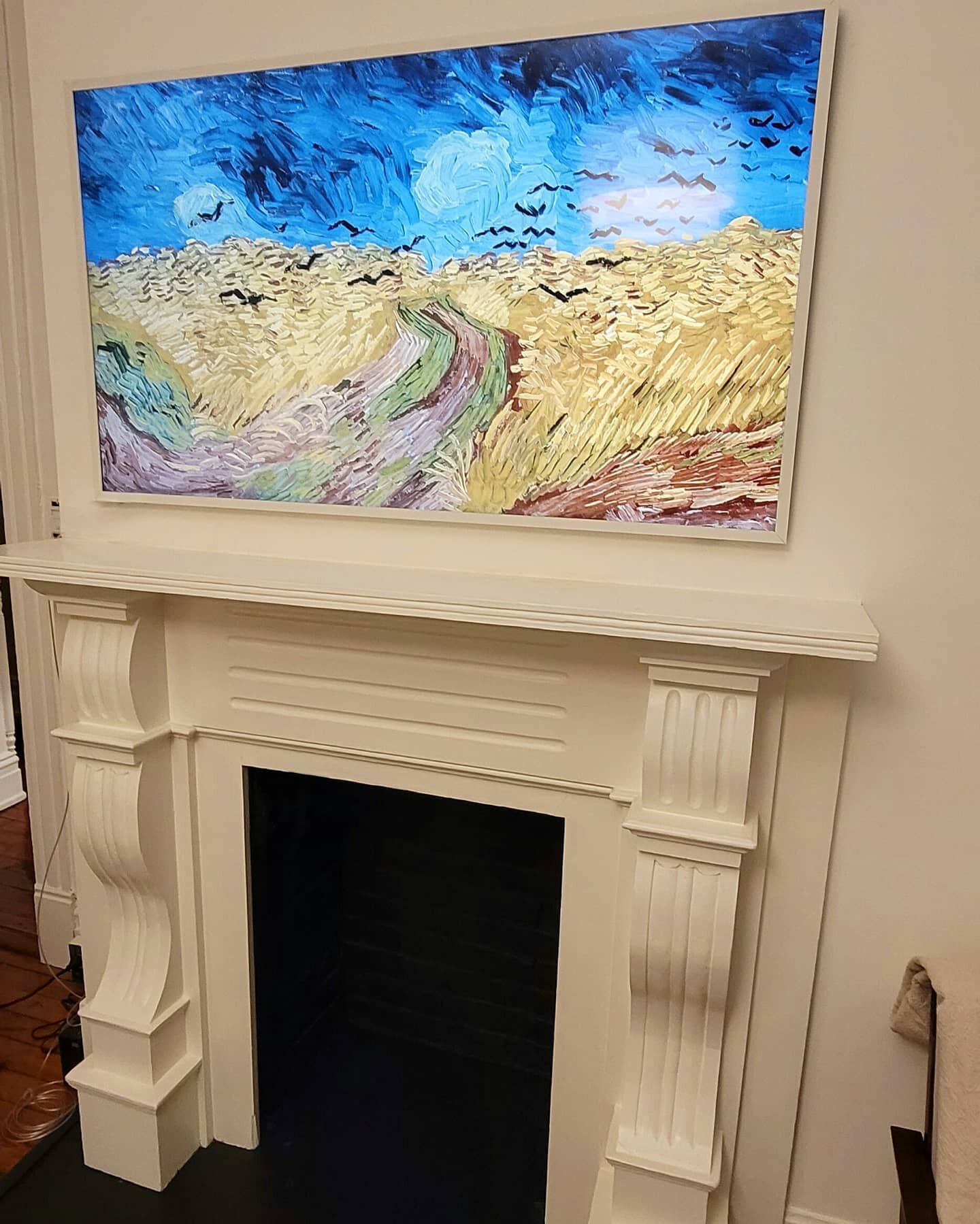 55&quot; @samsungus Frame TV wall mounted with white frame. (TV shown in Art Mode 🖼 ) 

#quality #clarity #craftsmanship #jaaudiorva #audiovisual #audio #video #media #construction #fireplace #interiordesign #homedecor #businesssolutions #rva #virgi