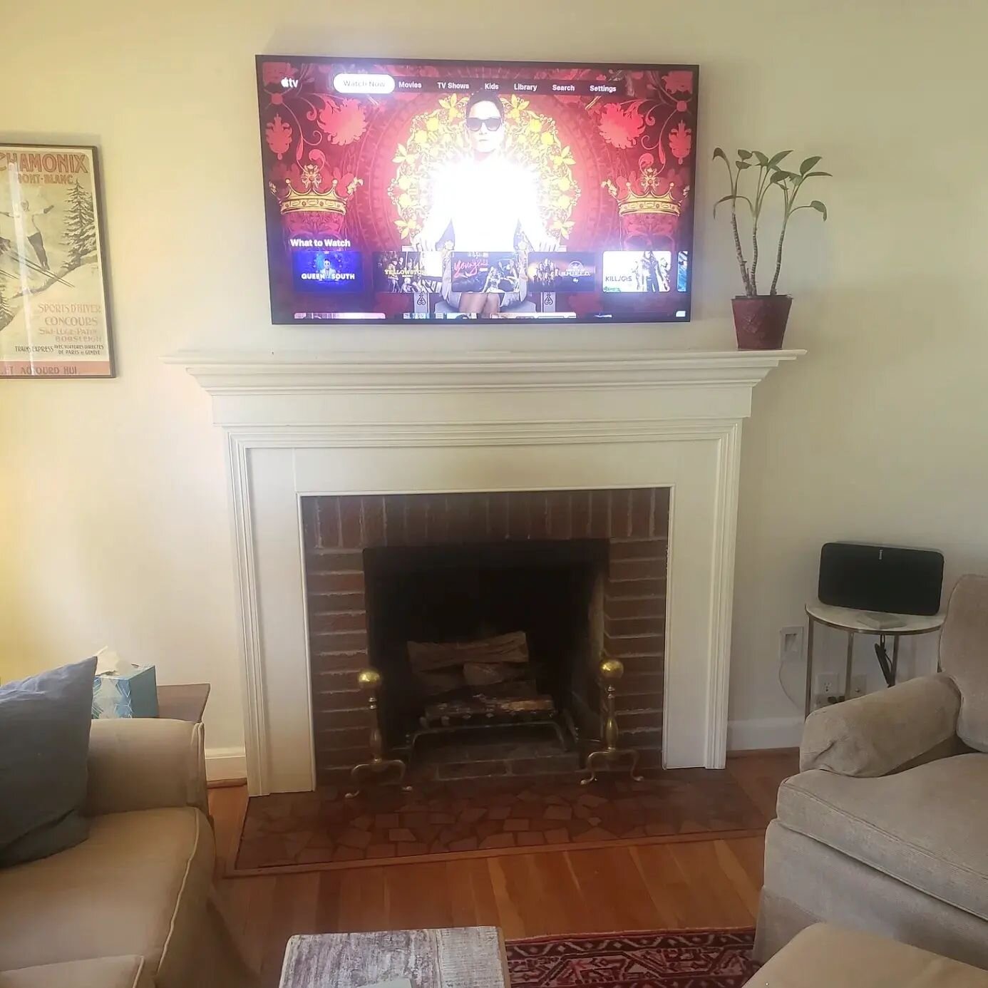 55&quot; @samsungus Frame TV wall mounted with black frame and connected to @sonos wireless speaker. (TV also shown in Art Mode 🖼 ) 

#quality #clarity #craftsmanship #jaaudiorva #audiovisual #audio #video #media #construction #fireplace #interiorde