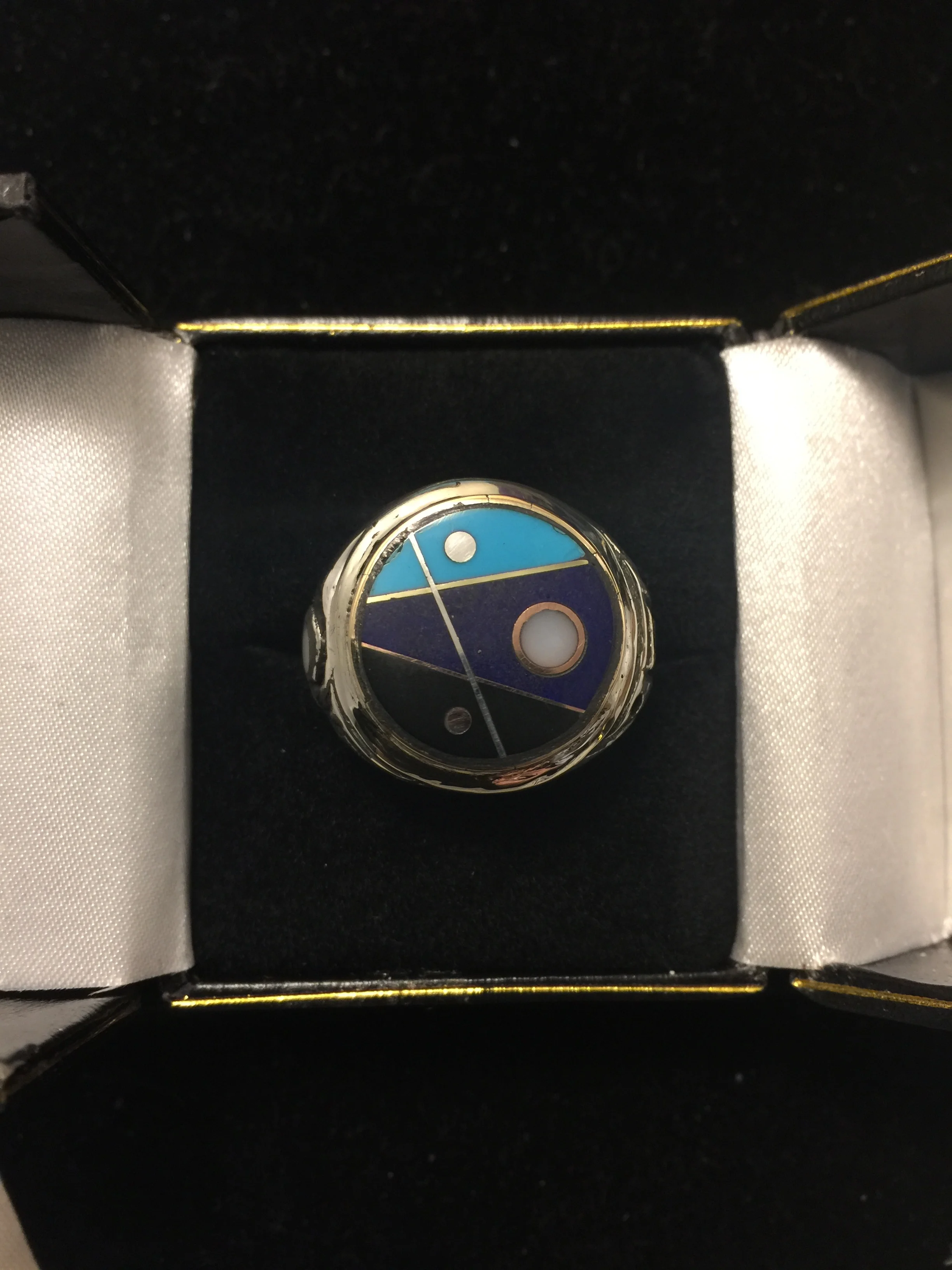 Dot Ring 5 – All  stone inlay  Design Variation.  Turquoise, white agate, black jade, Sterling Silver, Bronze bezel