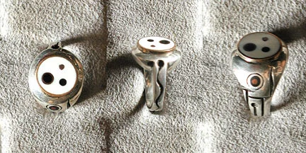 Dot Ring 3: Design Variation. Ebony and Ivory inlay, Sterling Silver, Copper, Brass and Red Bronze. Daniel Macchiarini