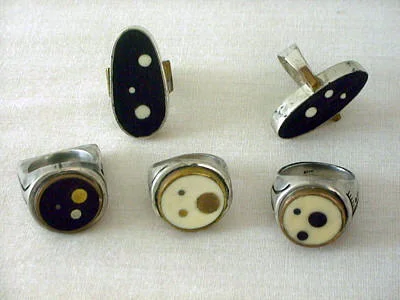 Dot Ring 15: Design Variation. Ebony and Ivory inlay, Sterling Silver, Copper, Brass and Red Bronze. Daniel Macchiarini