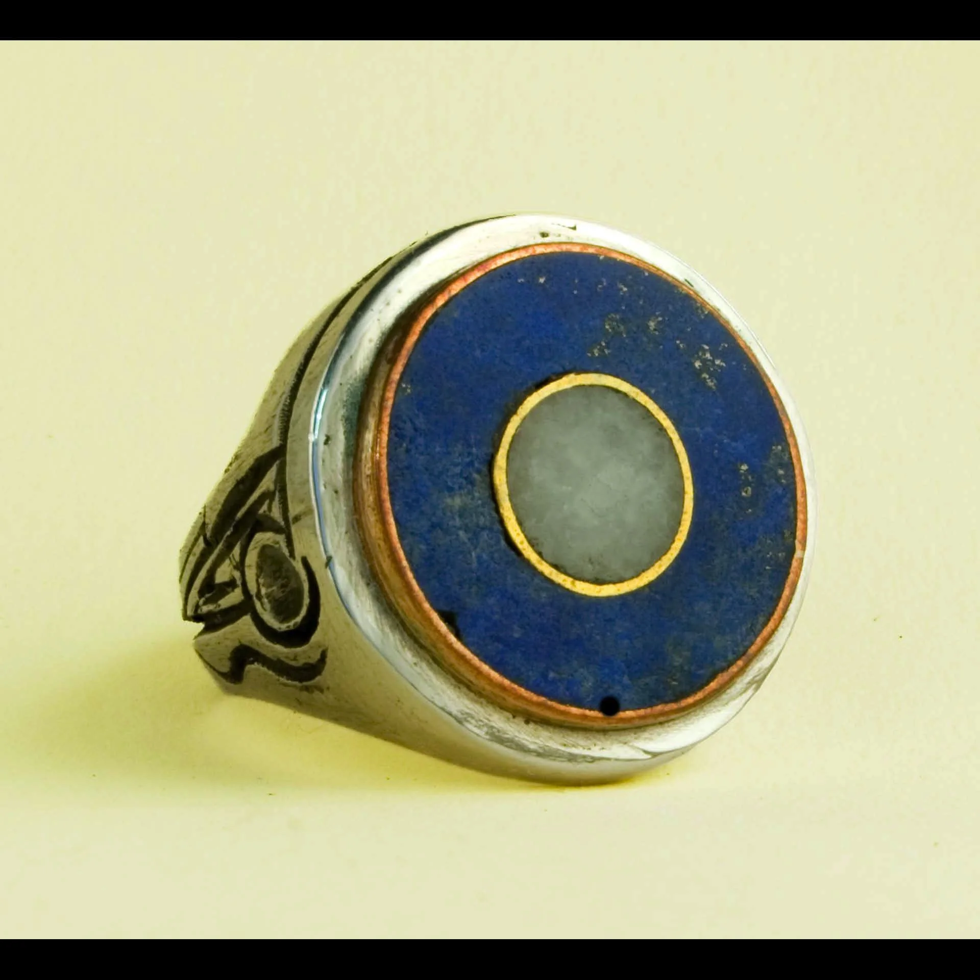 Dot Ring 17: Design Variation. Lapis and Carrera Marble Inlay, Sterling Silver, Copper, Brass and Red Bronze. Daniel Macchiarini