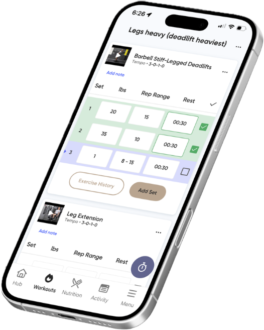 Smartphone screen showing a workout app with exercises for heavy leg lifts and leg extensions, including set details, repetitions, rest times, and checkmarks for completed sets.