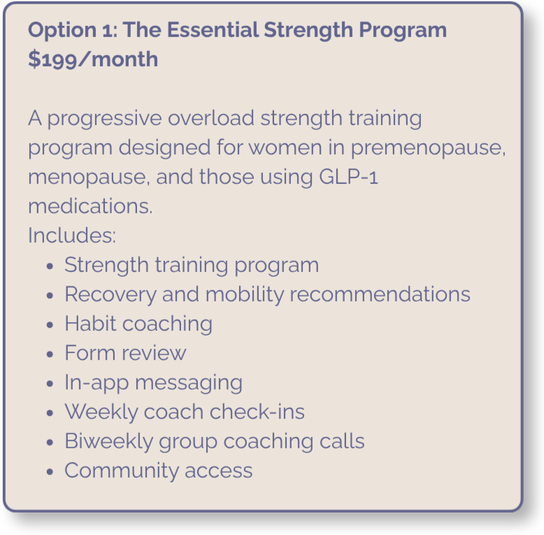 Details of a subscription plan for 'The Essential Strength Program' at $199 per month, including features like strength training, recovery, habit coaching, form reviews, messaging, coach check-ins, group calls, and community access.