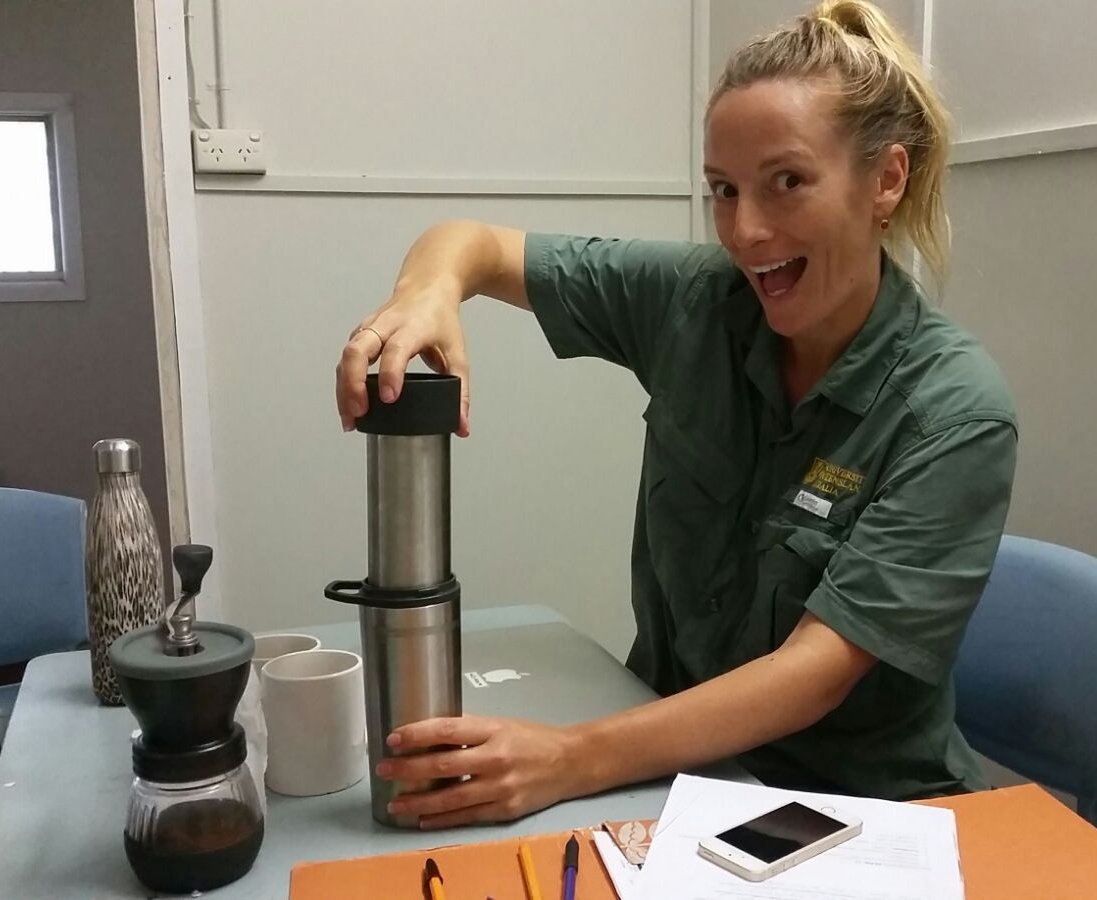 Manic Gwen perhaps a little too excited about her pre-testing coffee