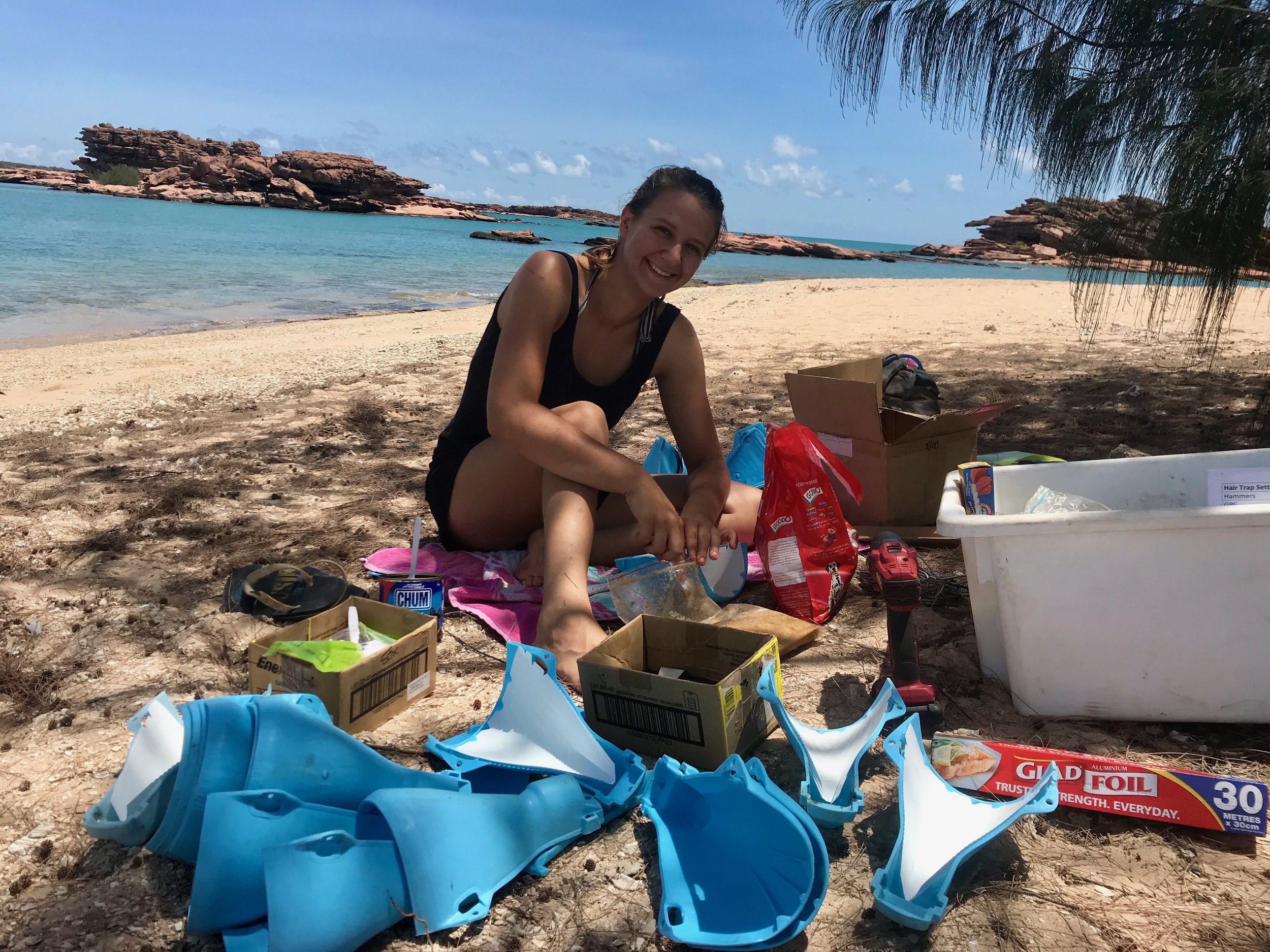 Working hard in the field to set up hair funnels