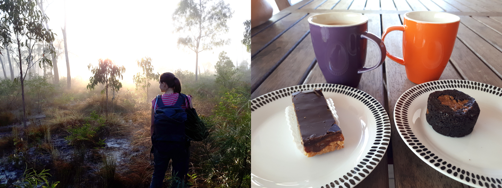 Backpacks loaded and an early start to beat the heat (left) and celebratory bakery treats to keep energy up from Grooty Eylandt Bakery (right).