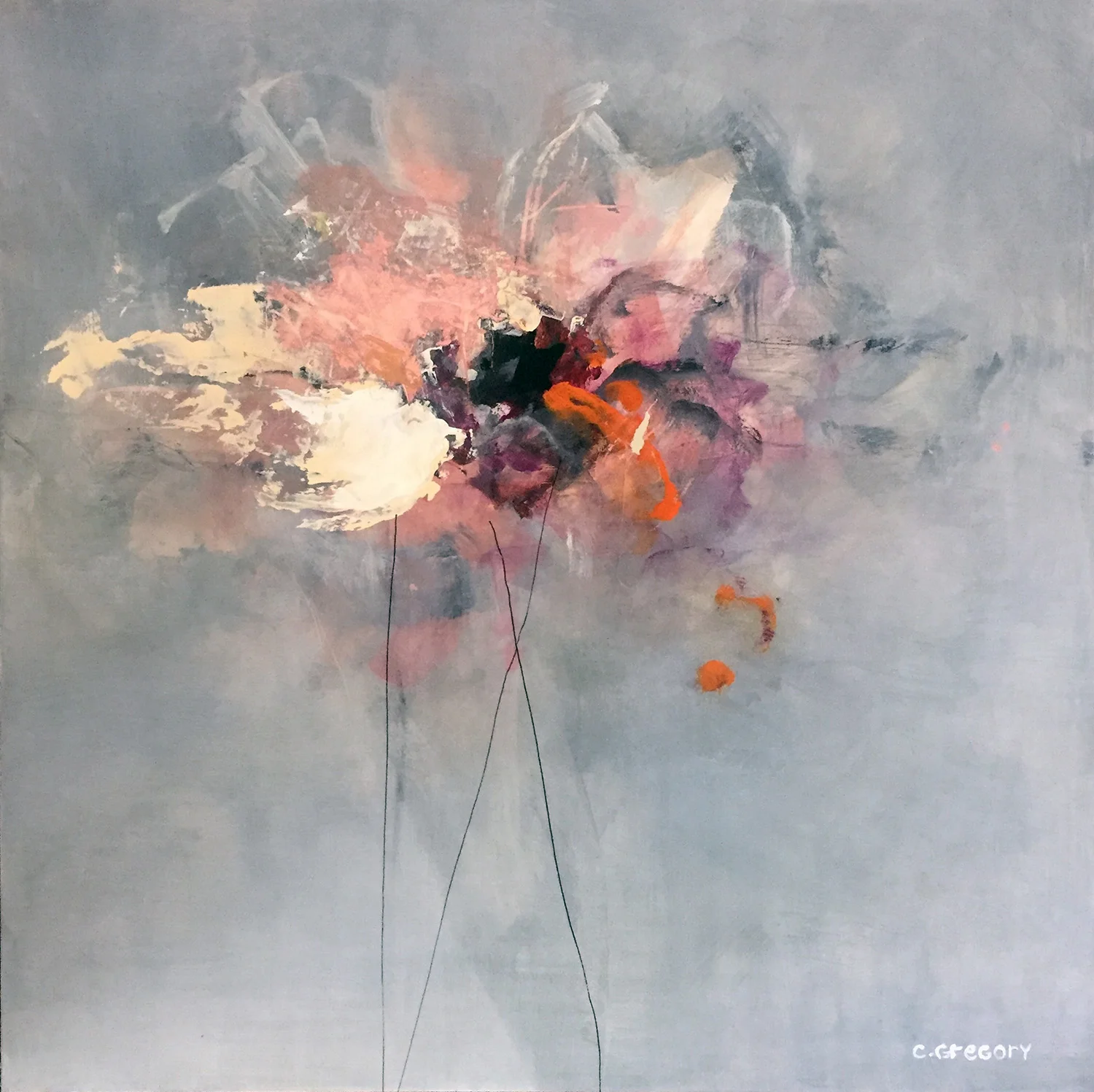 Pink Orange Flowers 16 x 16 inches, acrylic on cradled gessoboard, SOLD