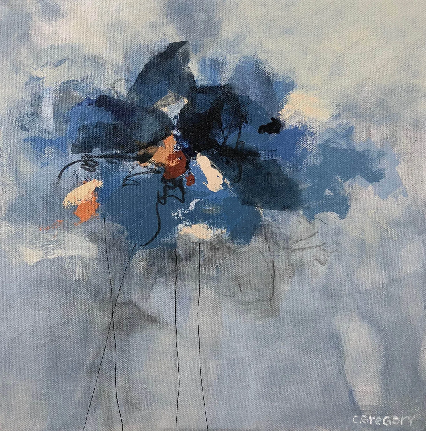 Blue Orange Flowers , 12 x 12 inches, acrylic on canvas, framed, 350.00