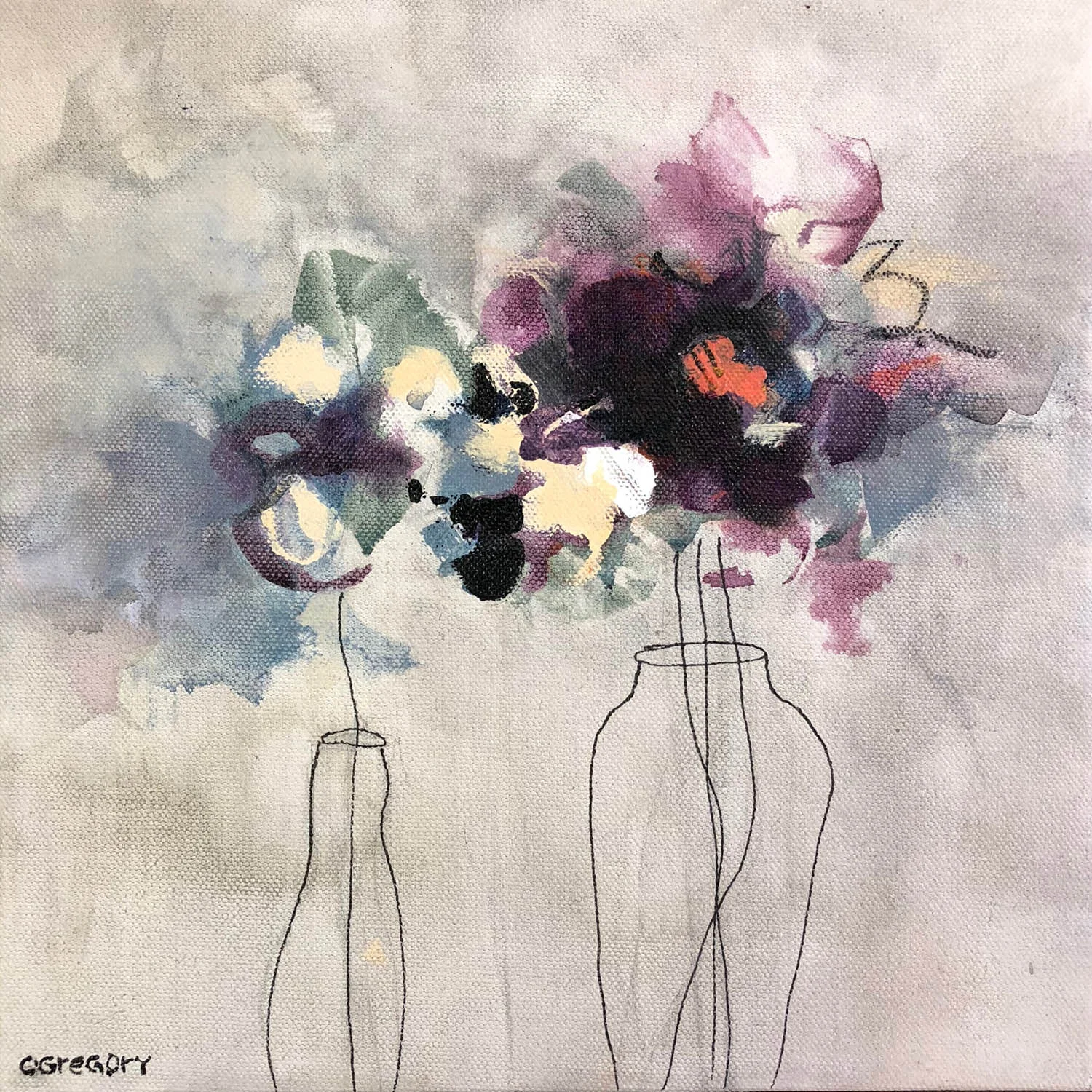Violet Orange Flowers with vases ii , 10 x 10 inches, acrylic on canvas, 350.00