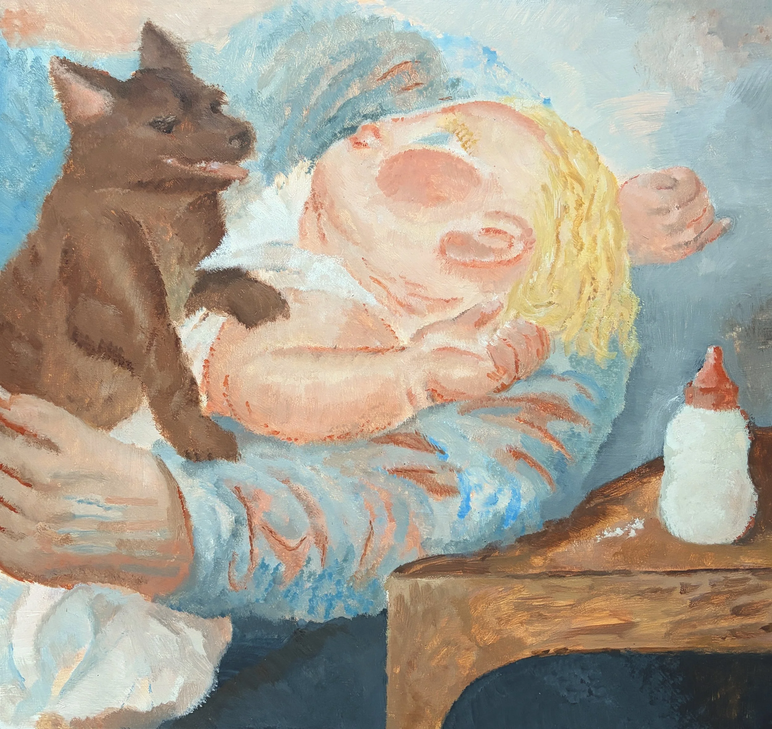 Little mutt, baby and bottle