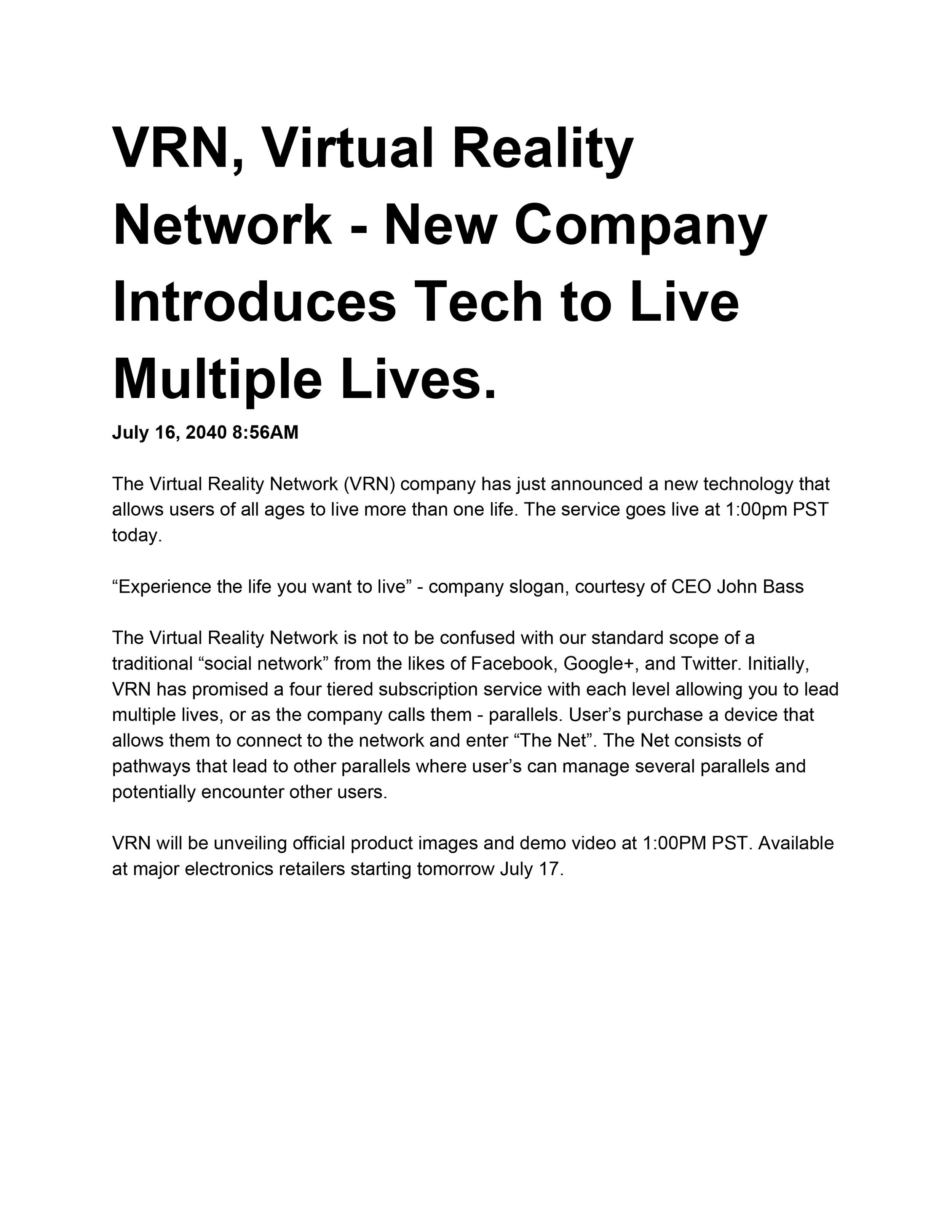 The Virtual Reality Network press release
