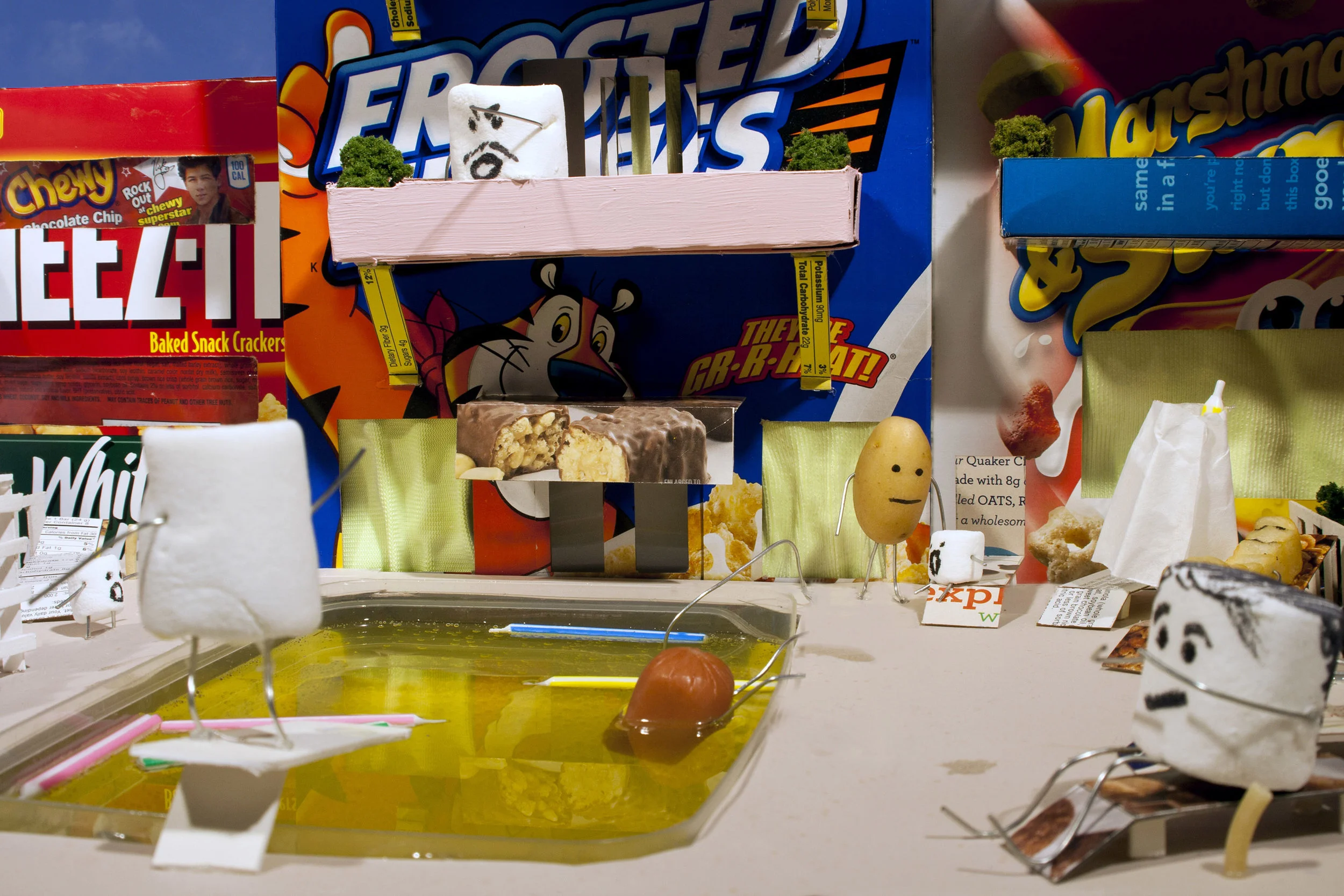 Poolside Poolside is part of two part series ( The Vacation included) that focuses on the impact of the food industry on our lives. Both Poolside and The Vacation focus on the representation and extent of that relationship. People are represented by food items to symbolize the grip on our lives and we as America have come to be identified with. Both take place at a 'resort', in places where people tend to gather. 