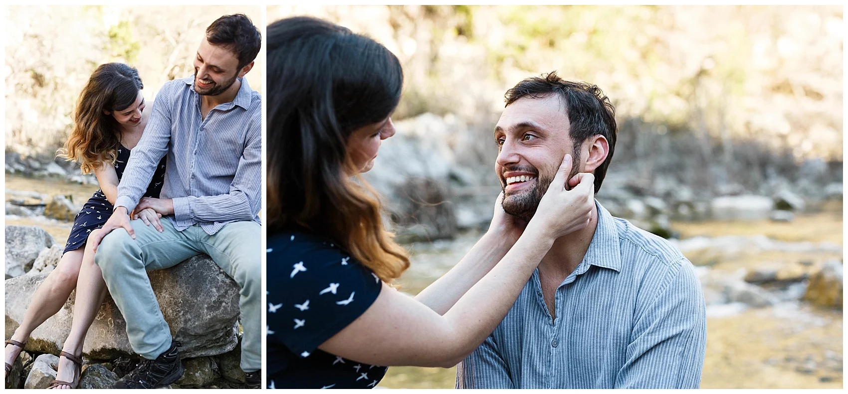 engaged couple walking in Austin's greenbelt