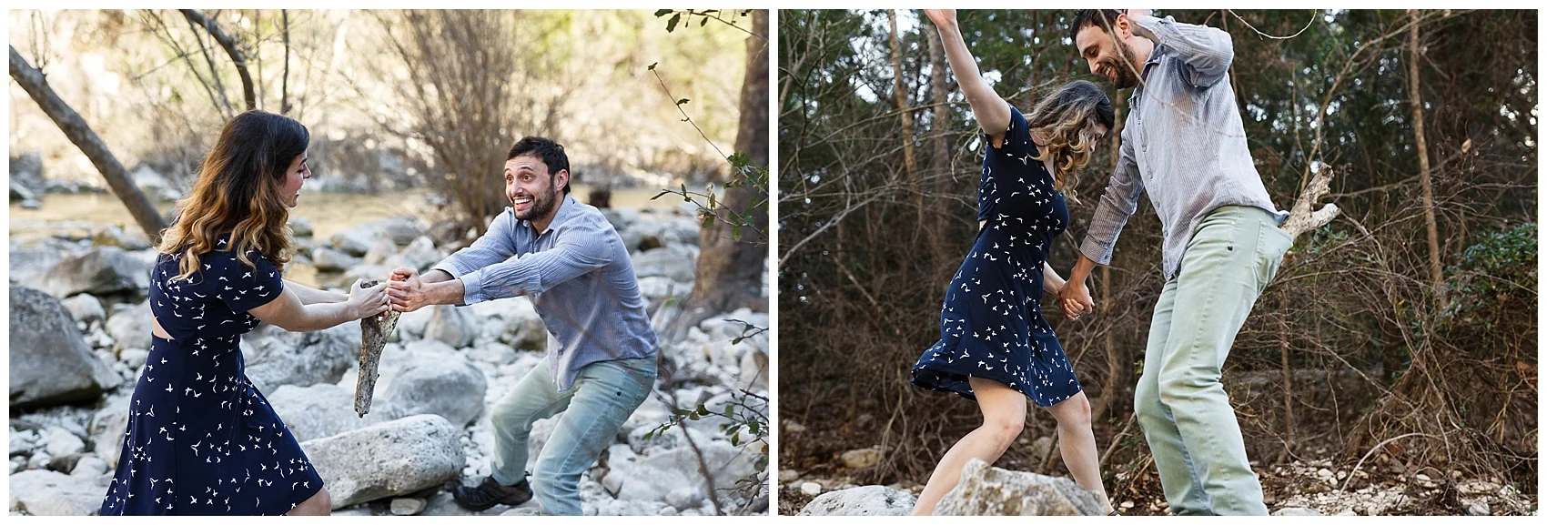 engaged couple walking in Austin's greenbelt