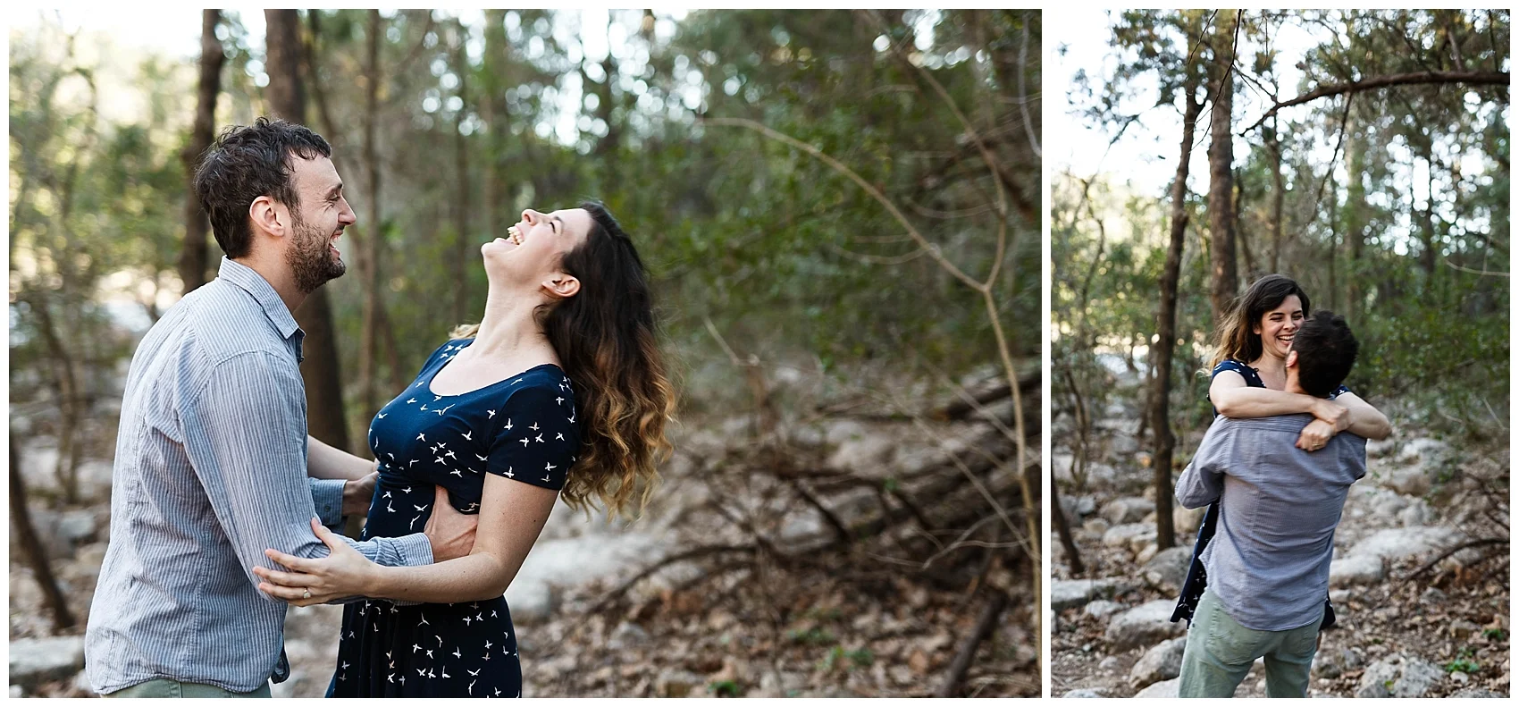 engaged couple walking in Austin's greenbelt
