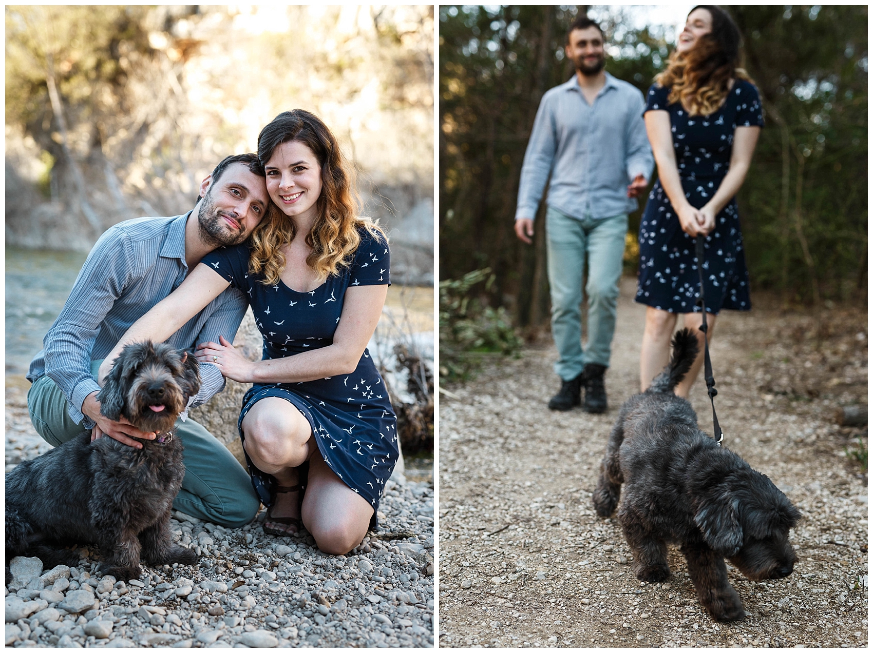 engaged couple walking their dog in Austin's greenbelt